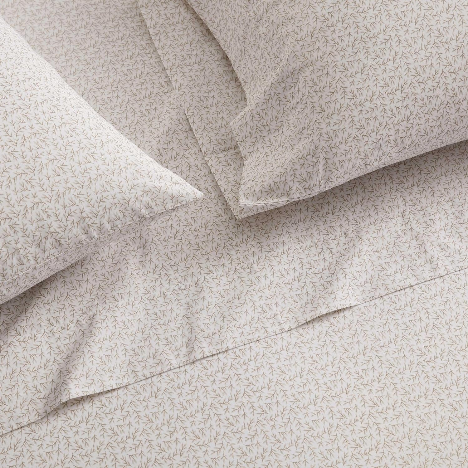 image:imageMartha Stewart Full Sheet Set with Fitted Sheet amp Pillowcases Cotton Percale Bedding with a Smooth Feel Deep Pocket Gingham BrownLeaves Beige