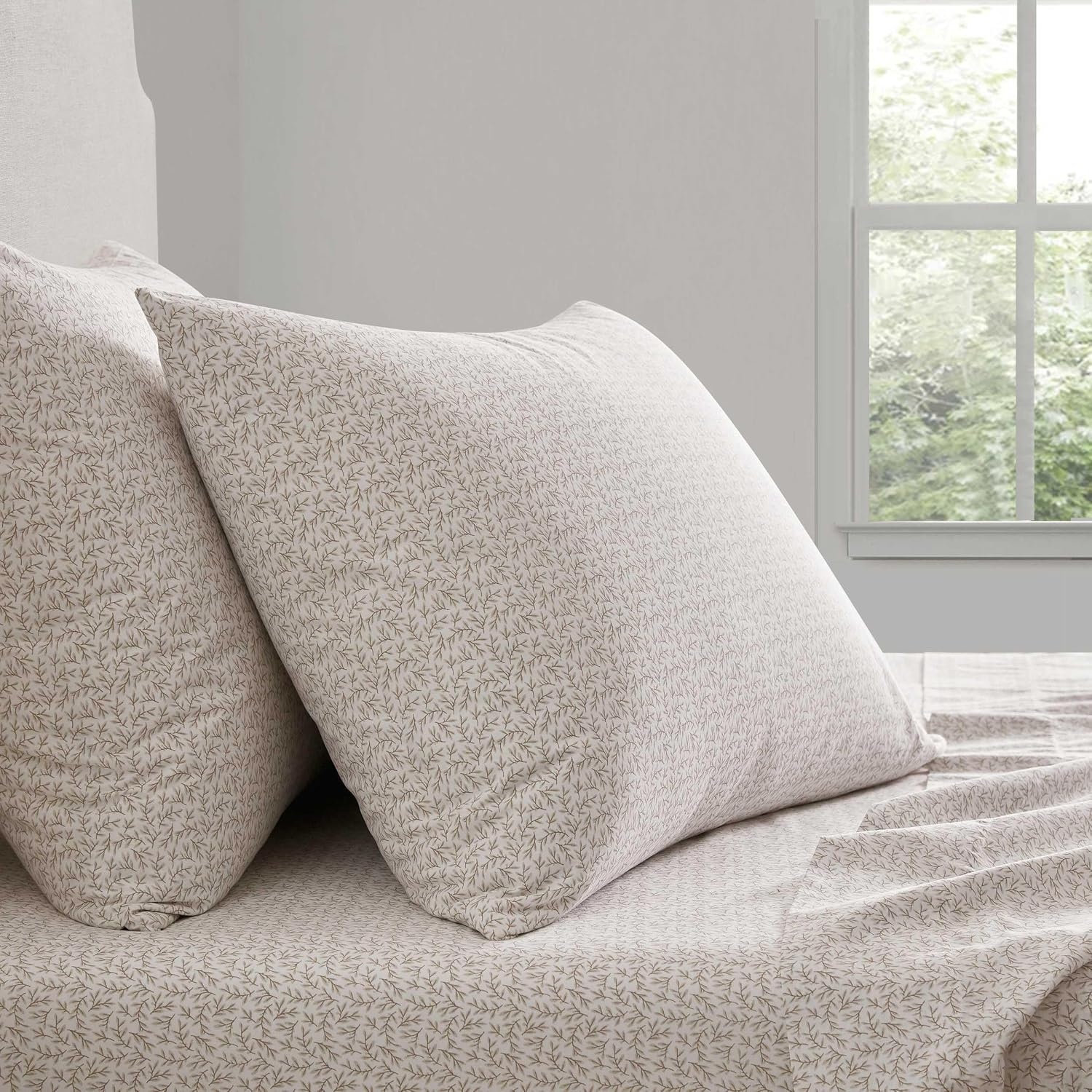 image:imageMartha Stewart Full Sheet Set with Fitted Sheet amp Pillowcases Cotton Percale Bedding with a Smooth Feel Deep Pocket Gingham BrownLeaves Beige