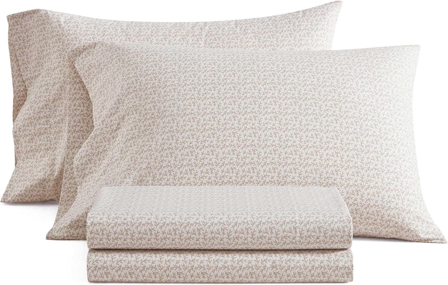 image:imageMartha Stewart Full Sheet Set with Fitted Sheet amp Pillowcases Cotton Percale Bedding with a Smooth Feel Deep Pocket Gingham BrownLeaves Beige