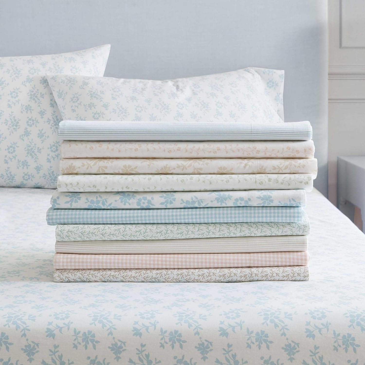 image:imageMartha Stewart Full Sheet Set with Fitted Sheet amp Pillowcases Cotton Percale Bedding with a Smooth Feel Deep Pocket Gingham BrownLeaves Beige