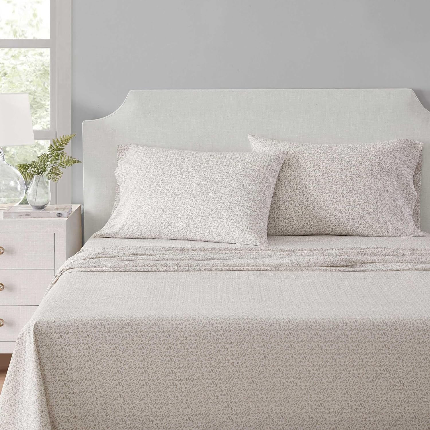 image:imageMartha Stewart Full Sheet Set with Fitted Sheet amp Pillowcases Cotton Percale Bedding with a Smooth Feel Deep Pocket Gingham BrownLeaves Beige