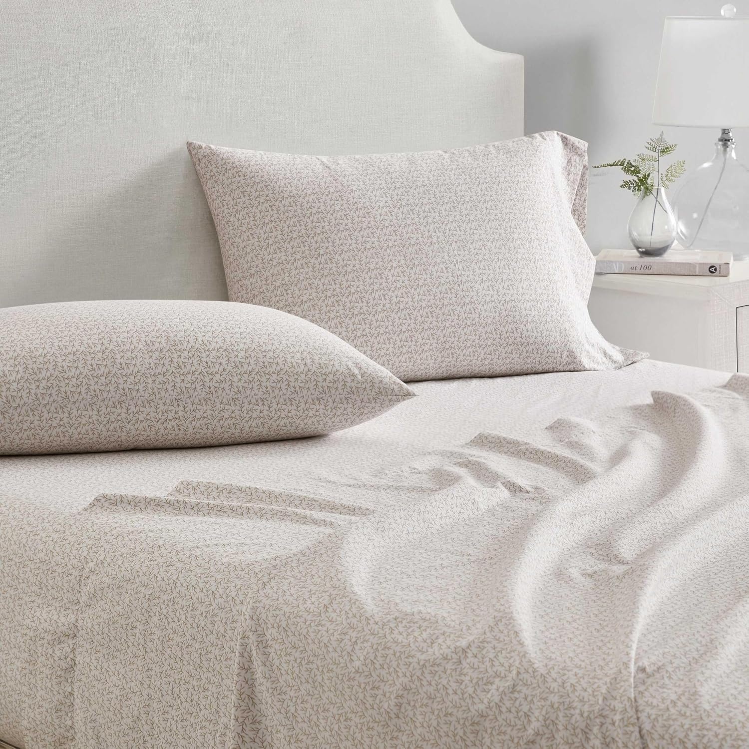 image:imageMartha Stewart Full Sheet Set with Fitted Sheet amp Pillowcases Cotton Percale Bedding with a Smooth Feel Deep Pocket Gingham BrownLeaves Beige