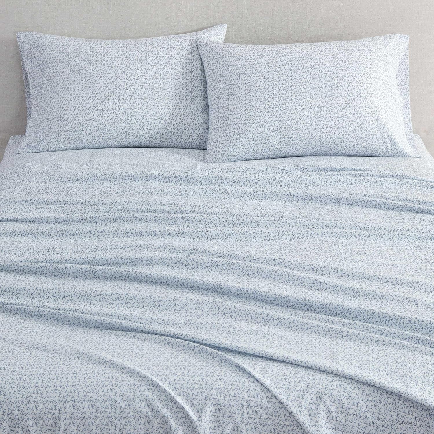 image:imageMartha Stewart Full Sheet Set with Fitted Sheet amp Pillowcases Cotton Percale Bedding with a Smooth Feel Deep Pocket Gingham BrownLeaves Blue