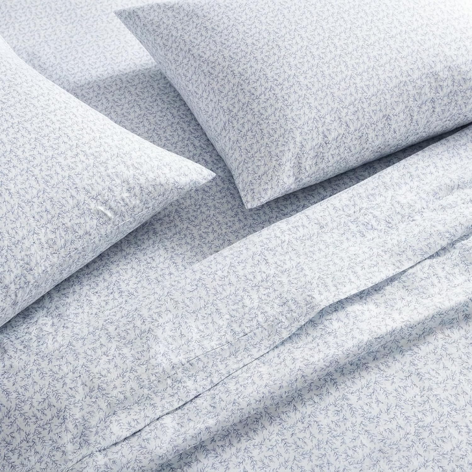 image:imageMartha Stewart Full Sheet Set with Fitted Sheet amp Pillowcases Cotton Percale Bedding with a Smooth Feel Deep Pocket Gingham BrownLeaves Blue