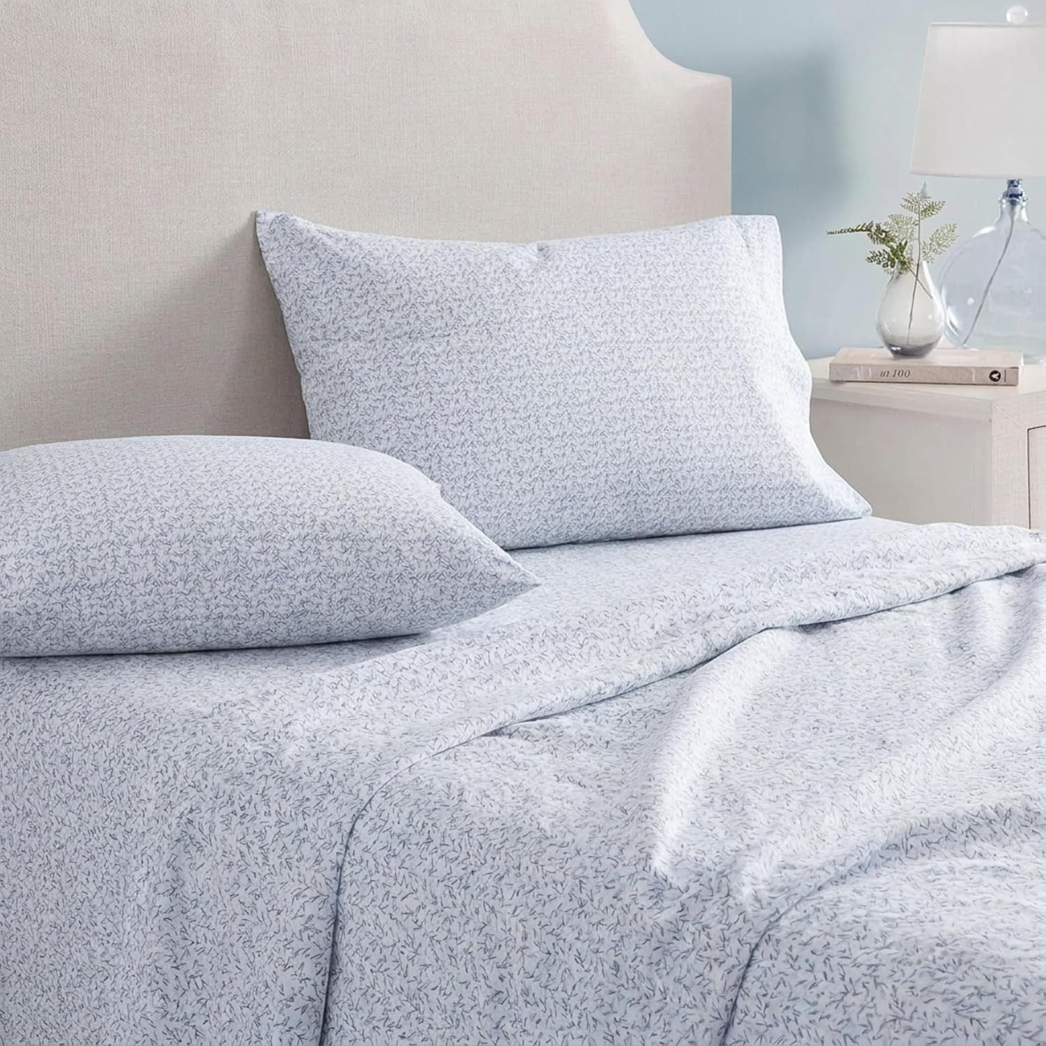 image:imageMartha Stewart Full Sheet Set with Fitted Sheet amp Pillowcases Cotton Percale Bedding with a Smooth Feel Deep Pocket Gingham BrownLeaves Blue