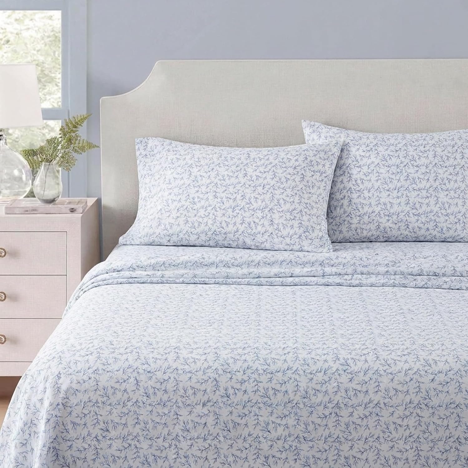 image:imageMartha Stewart Full Sheet Set with Fitted Sheet amp Pillowcases Cotton Percale Bedding with a Smooth Feel Deep Pocket Gingham BrownLeaves Blue