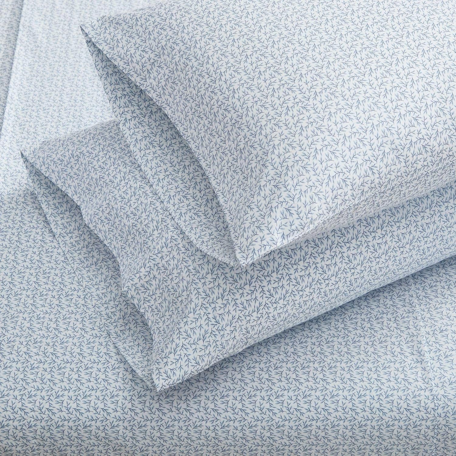 image:imageMartha Stewart Full Sheet Set with Fitted Sheet amp Pillowcases Cotton Percale Bedding with a Smooth Feel Deep Pocket Gingham BrownLeaves Blue