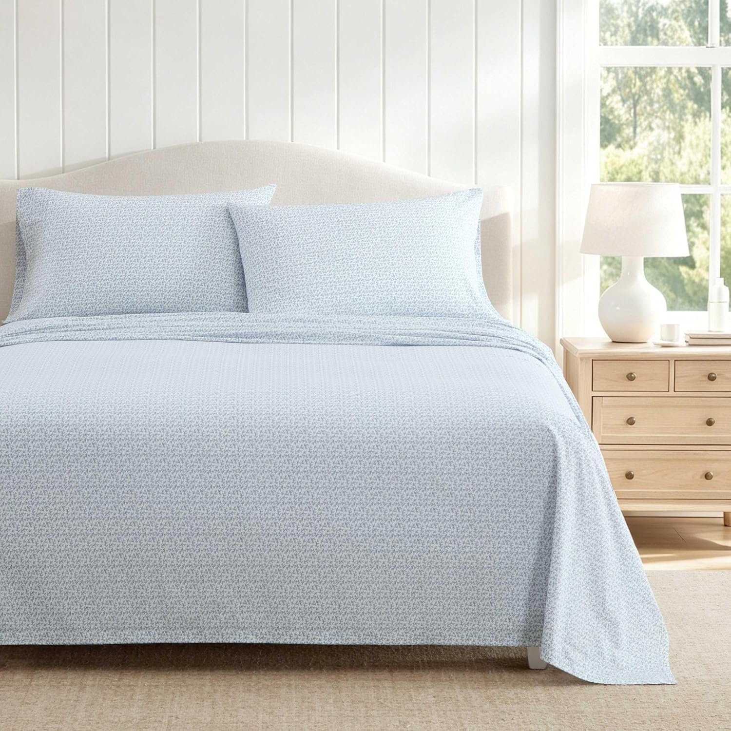 image:imageMartha Stewart Full Sheet Set with Fitted Sheet amp Pillowcases Cotton Percale Bedding with a Smooth Feel Deep Pocket Gingham BrownLeaves Blue