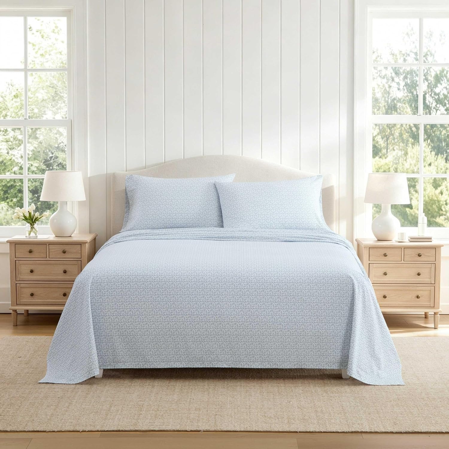 image:imageMartha Stewart Full Sheet Set with Fitted Sheet amp Pillowcases Cotton Percale Bedding with a Smooth Feel Deep Pocket Gingham BrownLeaves Blue