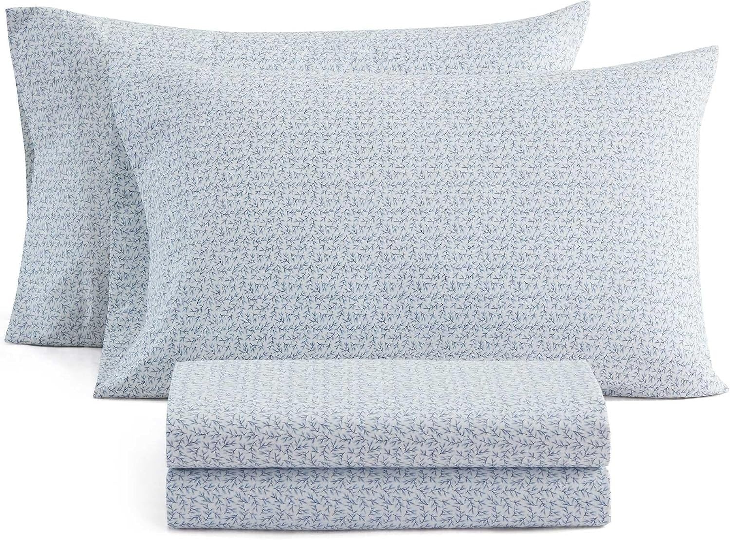 image:imageMartha Stewart Full Sheet Set with Fitted Sheet amp Pillowcases Cotton Percale Bedding with a Smooth Feel Deep Pocket Gingham BrownLeaves Blue