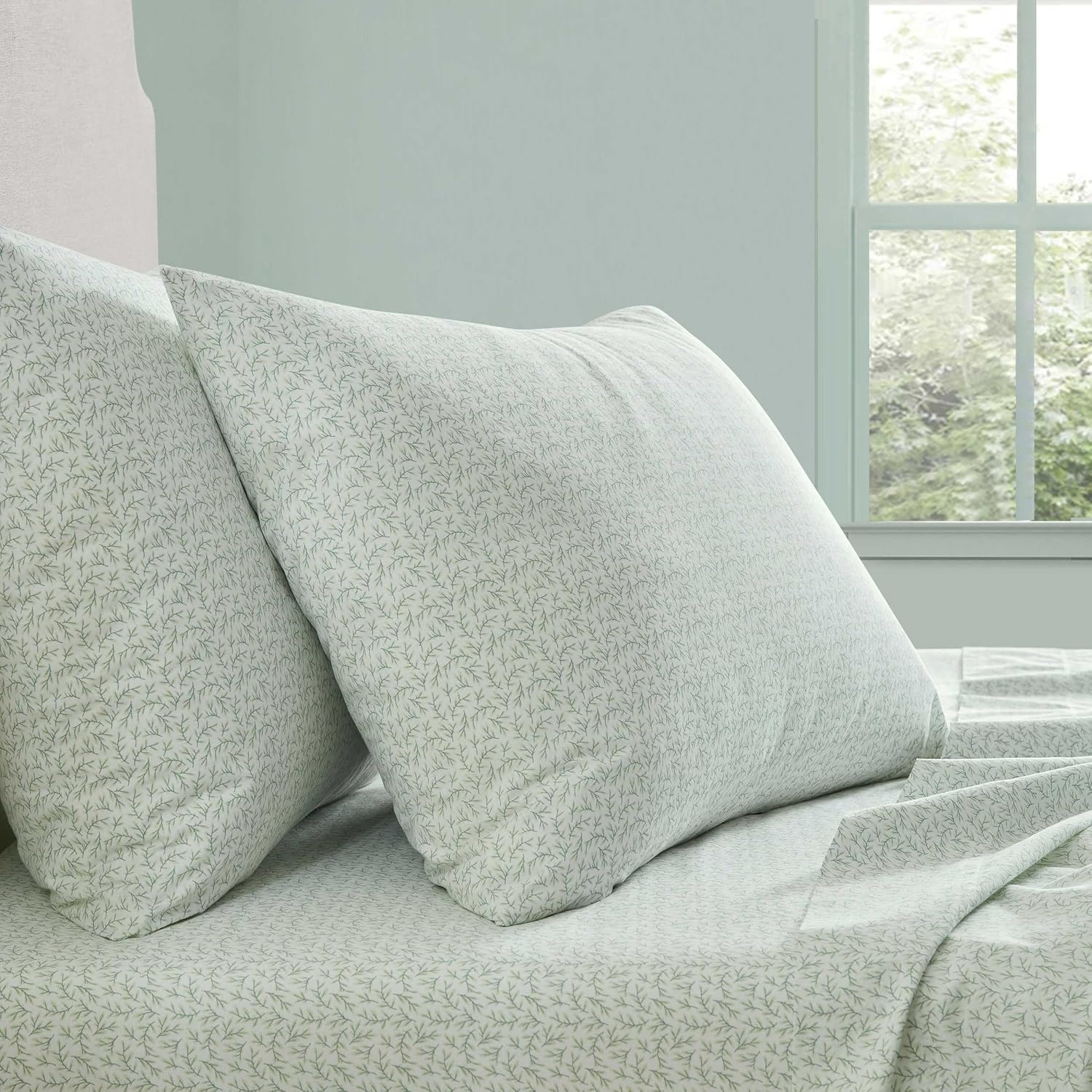 image:imageMartha Stewart Full Sheet Set with Fitted Sheet amp Pillowcases Cotton Percale Bedding with a Smooth Feel Deep Pocket Gingham BrownLeaves Green