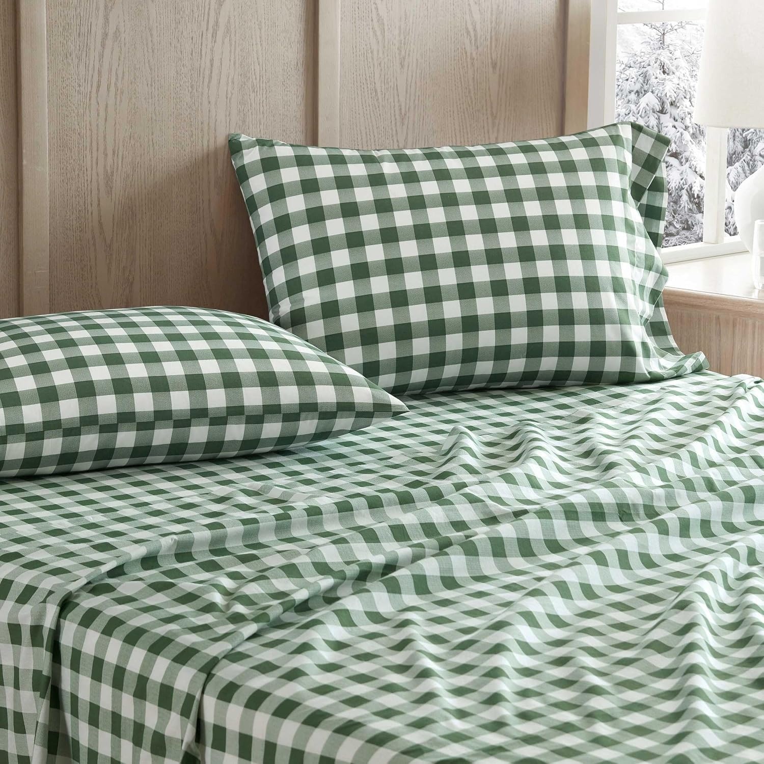 image:imageMartha Stewart Full Sheet Set with Fitted Sheet amp Pillowcases Cotton Percale Bedding with a Smooth Feel Deep Pocket Gingham BrownMadison Gingham Green