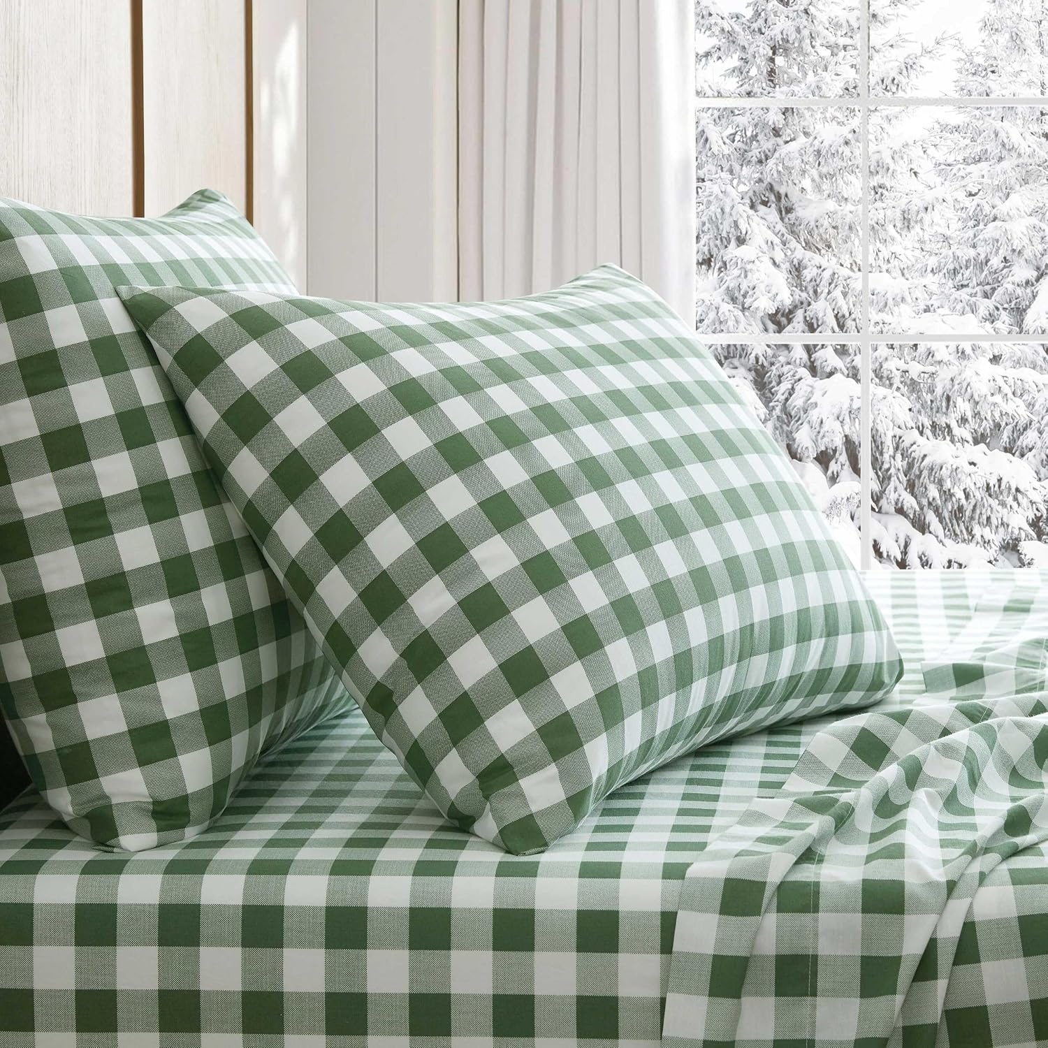 image:imageMartha Stewart Full Sheet Set with Fitted Sheet amp Pillowcases Cotton Percale Bedding with a Smooth Feel Deep Pocket Gingham BrownMadison Gingham Green