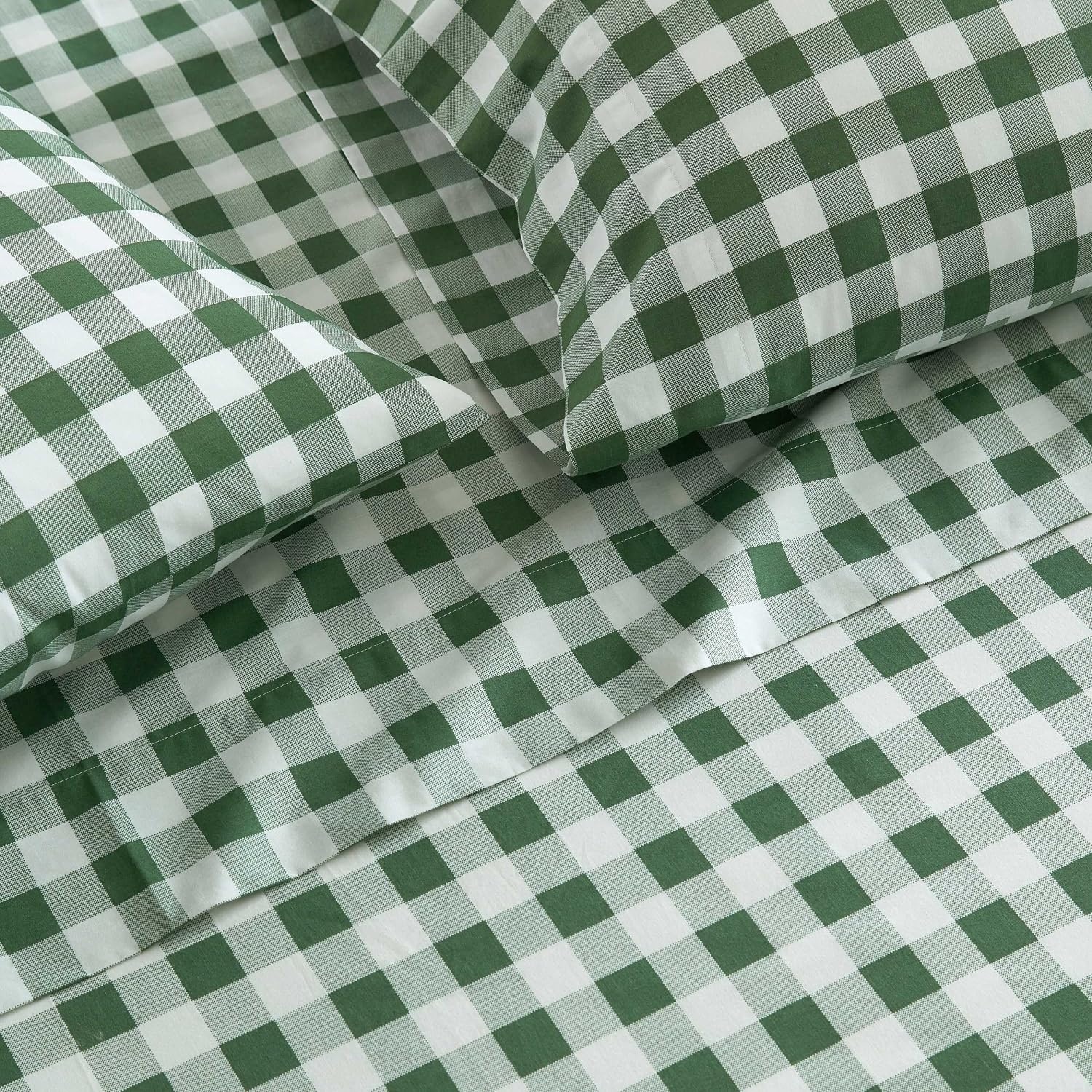 image:imageMartha Stewart Full Sheet Set with Fitted Sheet amp Pillowcases Cotton Percale Bedding with a Smooth Feel Deep Pocket Gingham BrownMadison Gingham Green