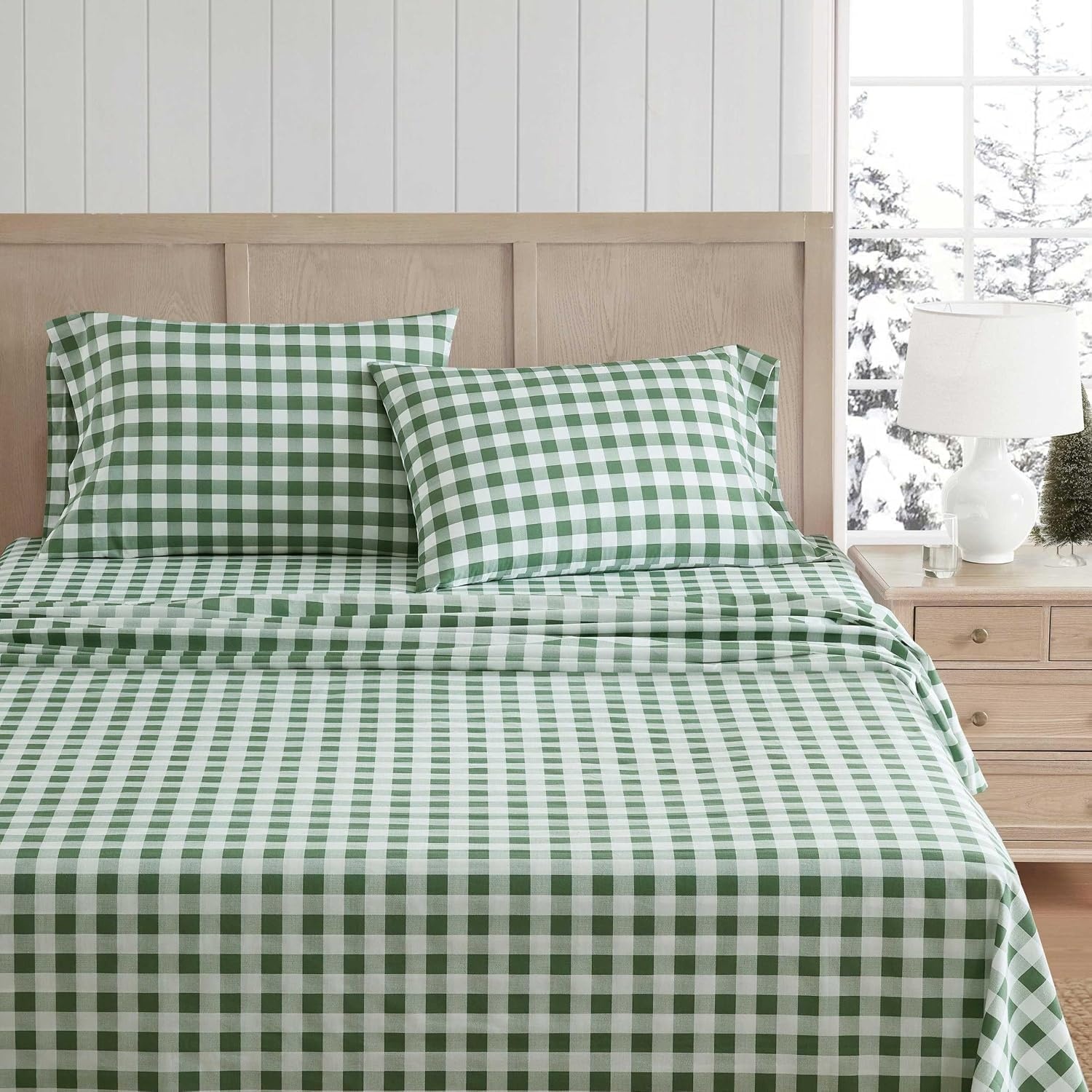 image:imageMartha Stewart Full Sheet Set with Fitted Sheet amp Pillowcases Cotton Percale Bedding with a Smooth Feel Deep Pocket Gingham BrownMadison Gingham Green