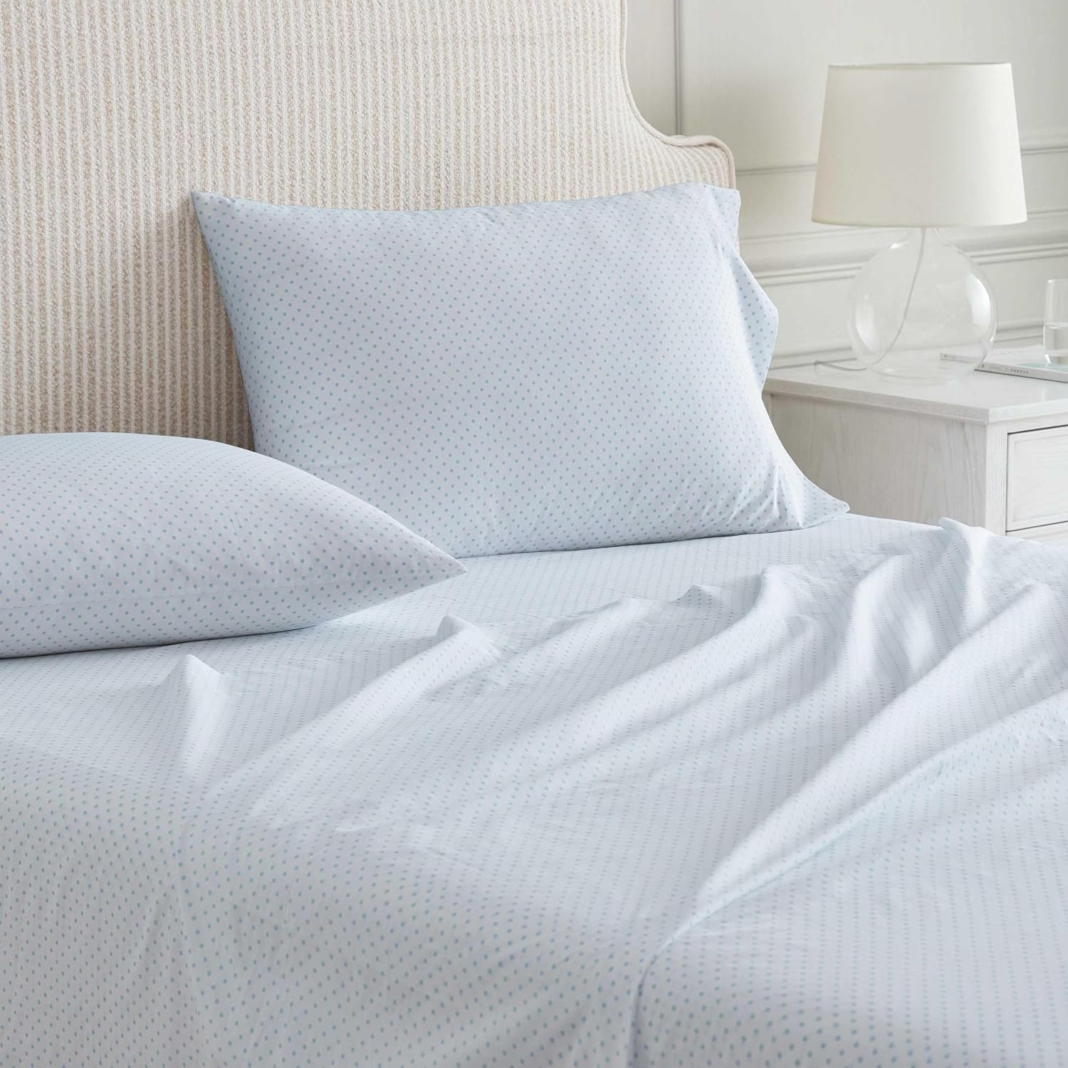 image:imageMartha Stewart Full Sheet Set with Fitted Sheet amp Pillowcases Cotton Percale Bedding with a Smooth Feel Deep Pocket Gingham BrownPolka Dot Blue
