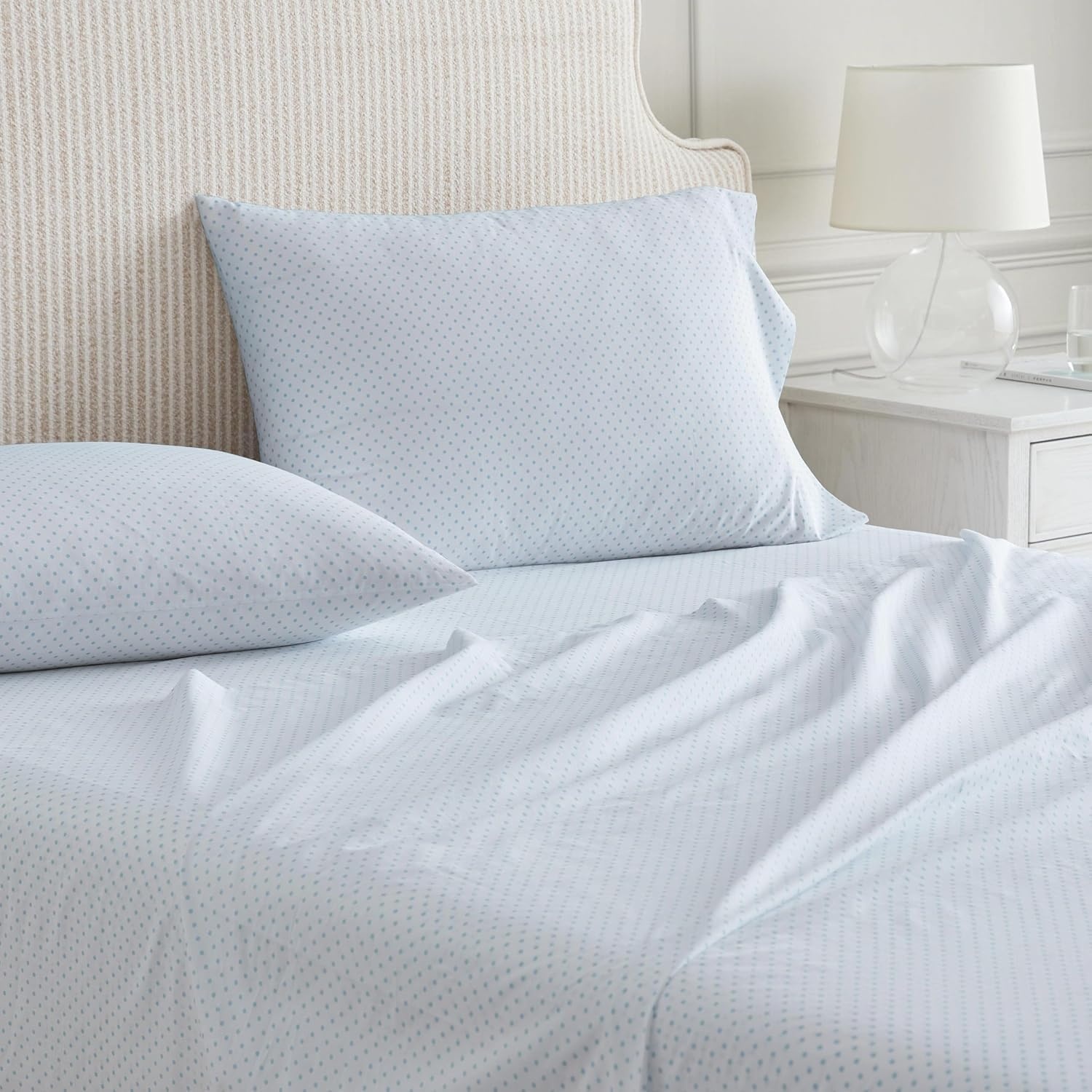 image:imageMartha Stewart Full Sheet Set with Fitted Sheet amp Pillowcases Cotton Percale Bedding with a Smooth Feel Deep Pocket Gingham BrownPolka Dot Blue
