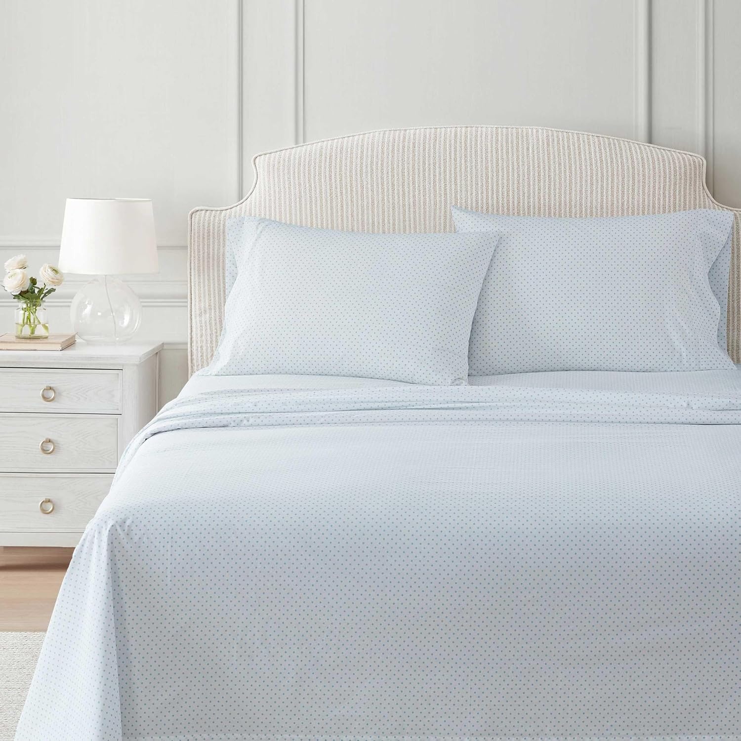 image:imageMartha Stewart Full Sheet Set with Fitted Sheet amp Pillowcases Cotton Percale Bedding with a Smooth Feel Deep Pocket Gingham BrownPolka Dot Blue