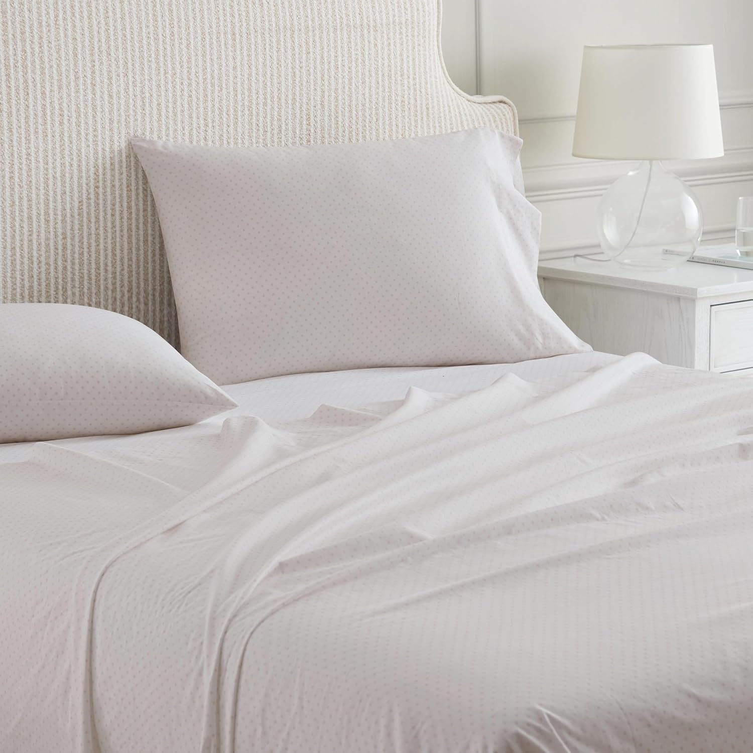 image:imageMartha Stewart Full Sheet Set with Fitted Sheet amp Pillowcases Cotton Percale Bedding with a Smooth Feel Deep Pocket Gingham BrownPolka Dot Pink