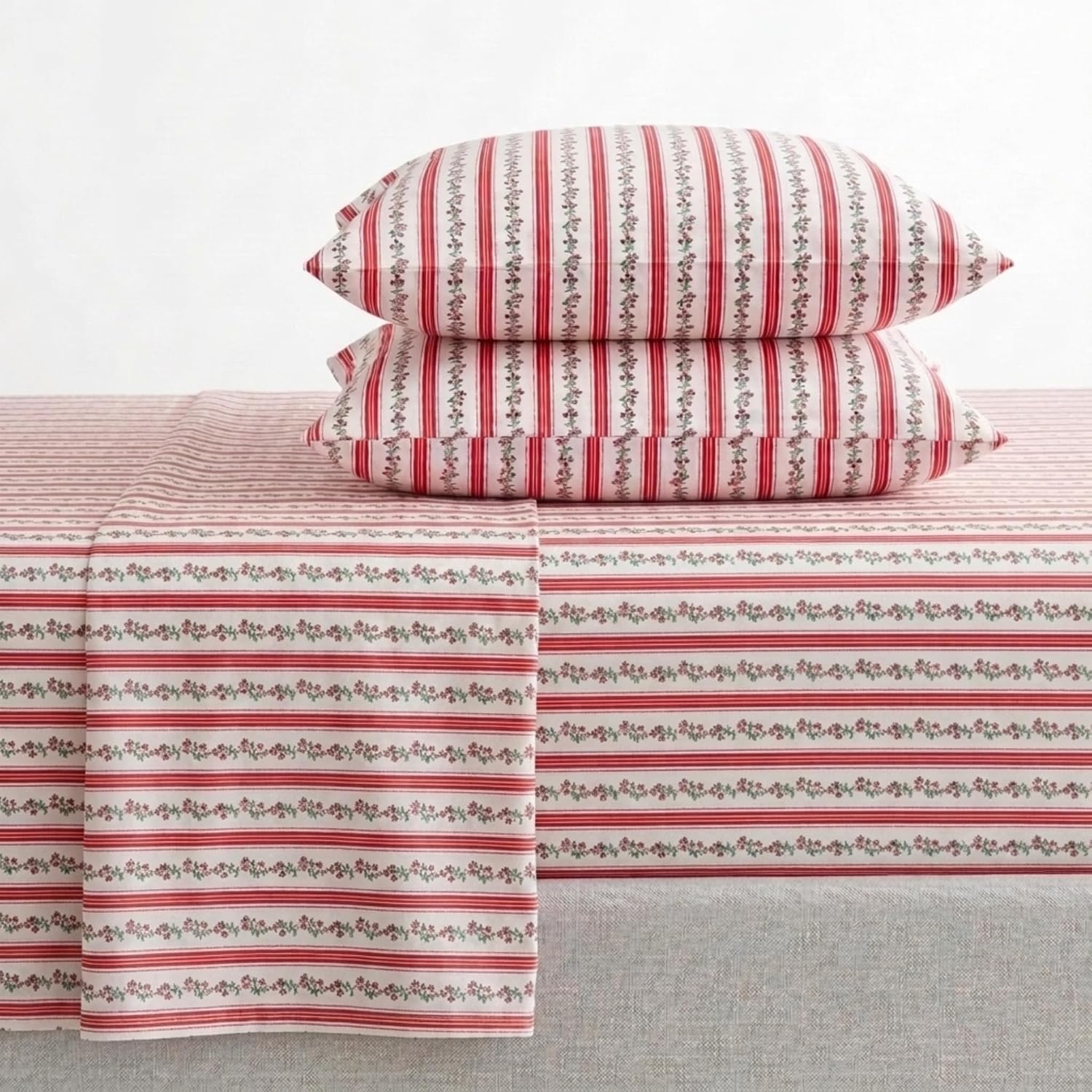 image:imageMartha Stewart Full Sheet Set with Fitted Sheet amp Pillowcases Cotton Percale Bedding with a Smooth Feel Deep Pocket Gingham BrownRose Ribbon Red