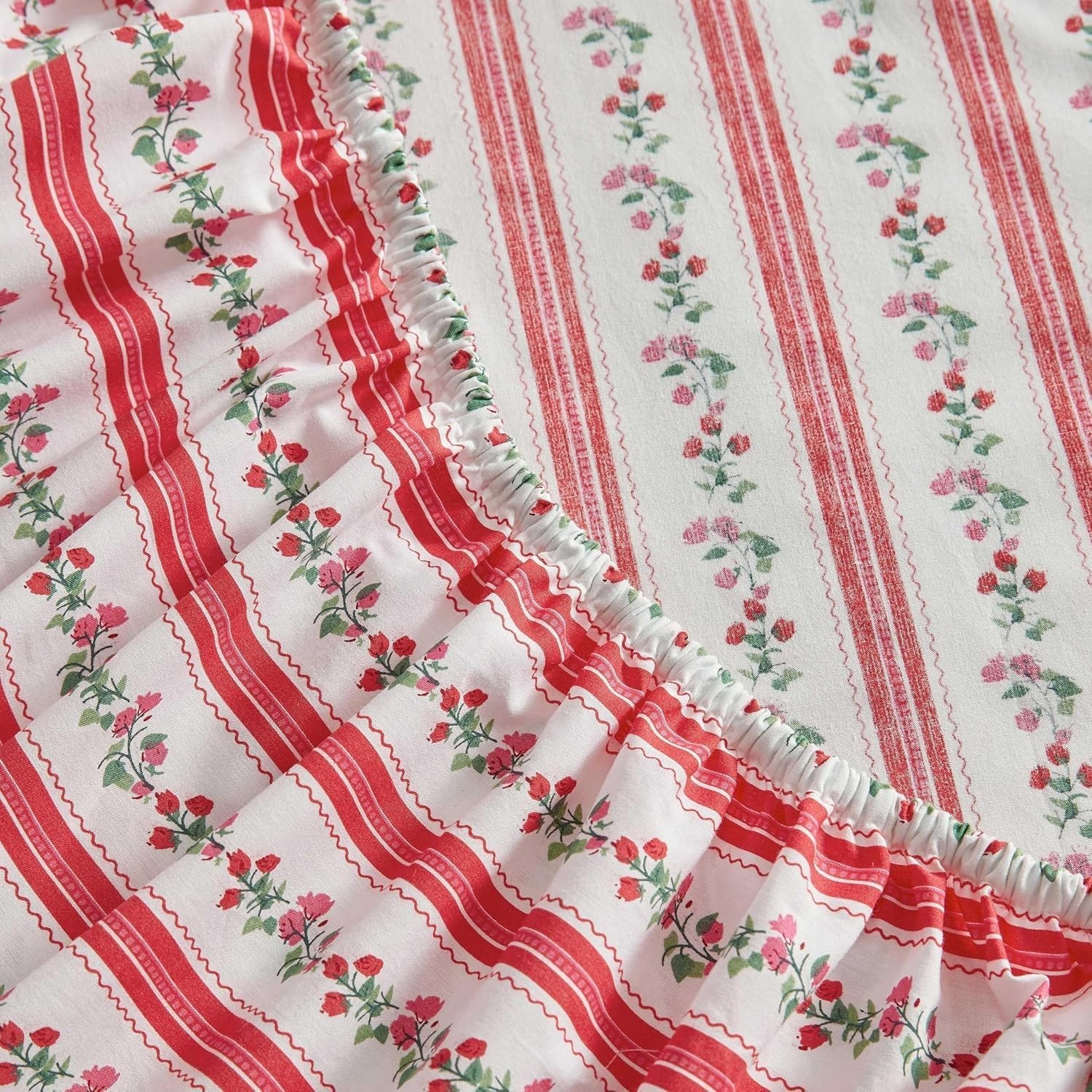 image:imageMartha Stewart Full Sheet Set with Fitted Sheet amp Pillowcases Cotton Percale Bedding with a Smooth Feel Deep Pocket Gingham BrownRose Ribbon Red
