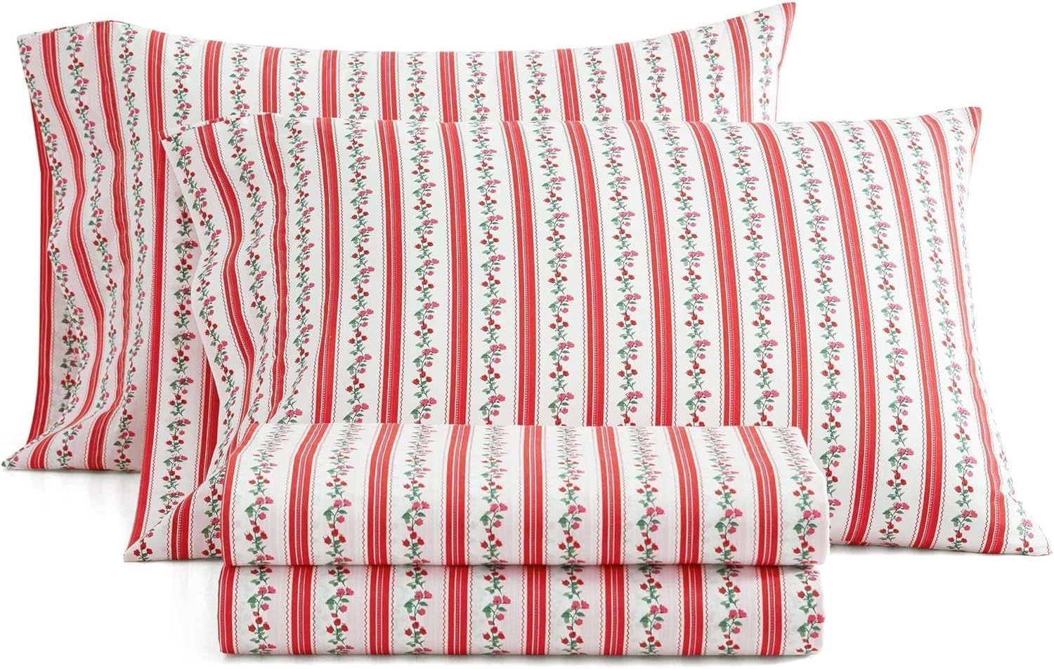 image:imageMartha Stewart Full Sheet Set with Fitted Sheet amp Pillowcases Cotton Percale Bedding with a Smooth Feel Deep Pocket Gingham BrownRose Ribbon Red