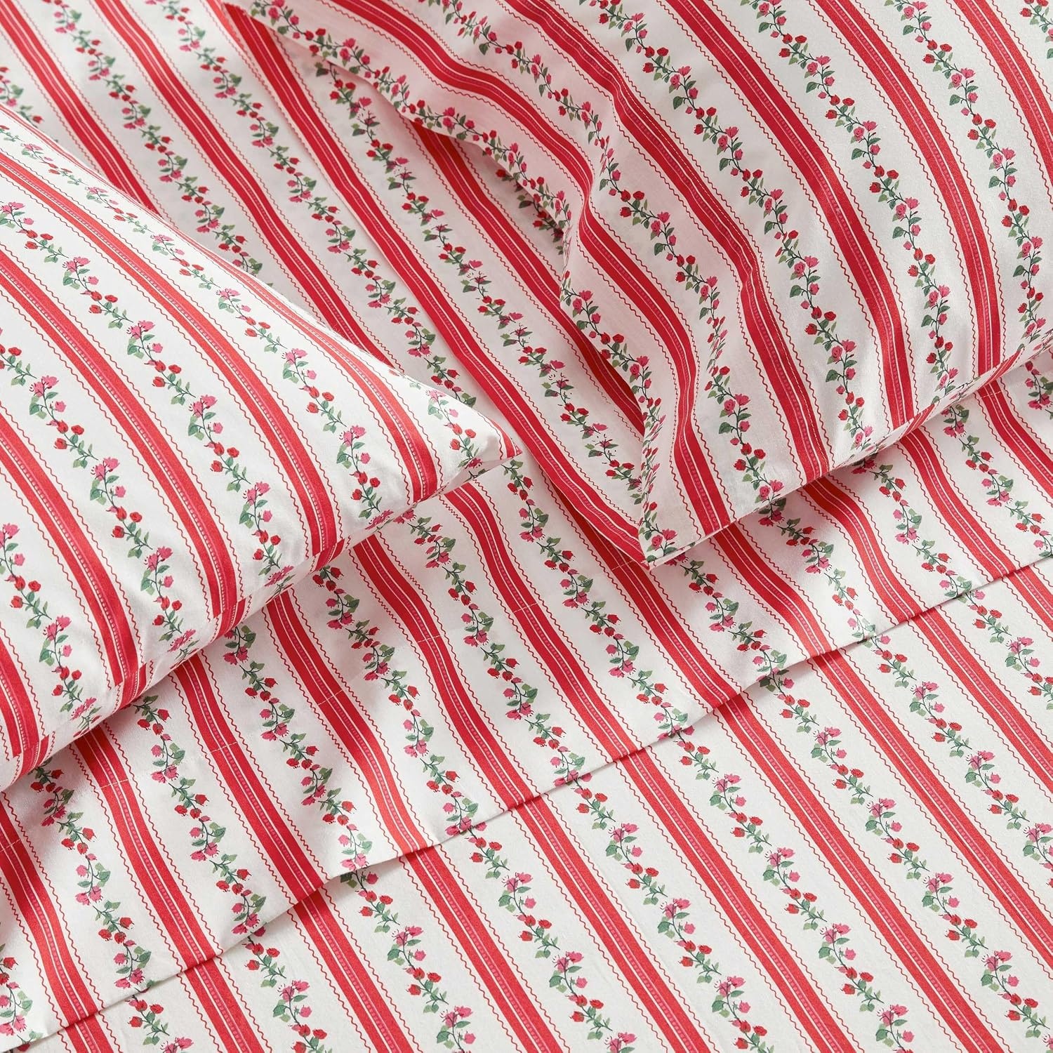 image:imageMartha Stewart Full Sheet Set with Fitted Sheet amp Pillowcases Cotton Percale Bedding with a Smooth Feel Deep Pocket Gingham BrownRose Ribbon Red