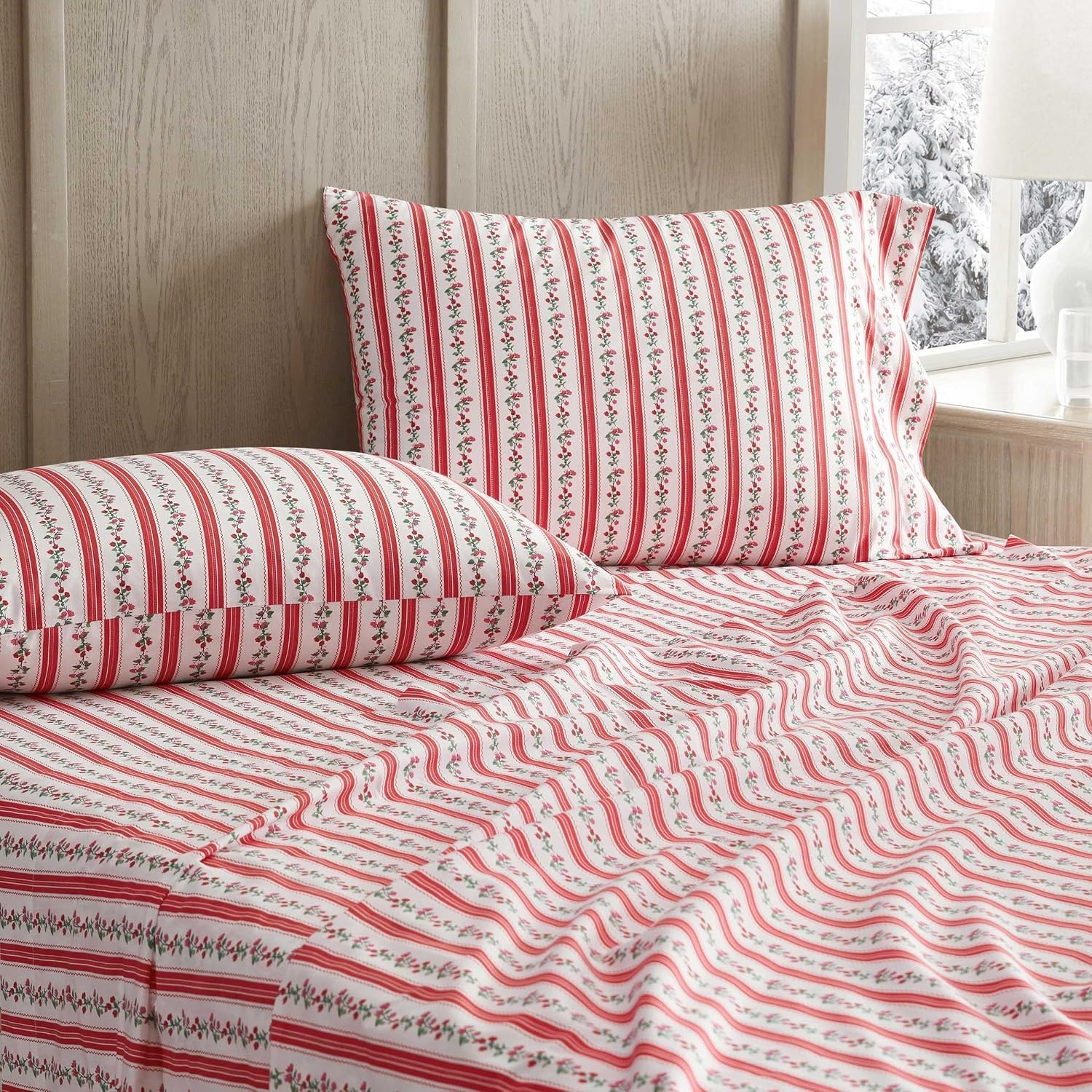 image:imageMartha Stewart Full Sheet Set with Fitted Sheet amp Pillowcases Cotton Percale Bedding with a Smooth Feel Deep Pocket Gingham BrownRose Ribbon Red