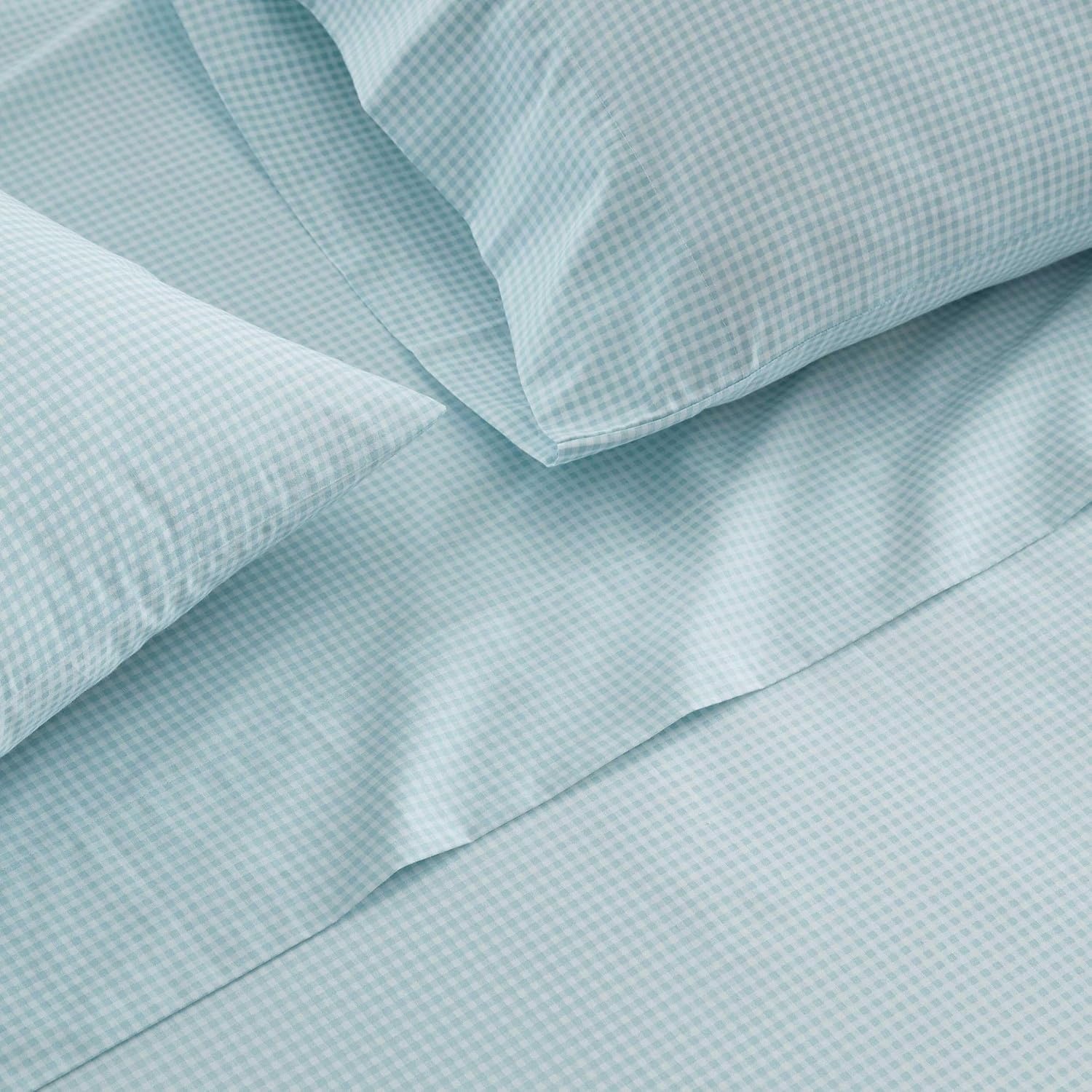 image:imageMartha Stewart Full Sheet Set with Fitted Sheet amp Pillowcases Cotton Percale Bedding with a Smooth Feel Deep Pocket Gingham BrownSmall Gingham Blue