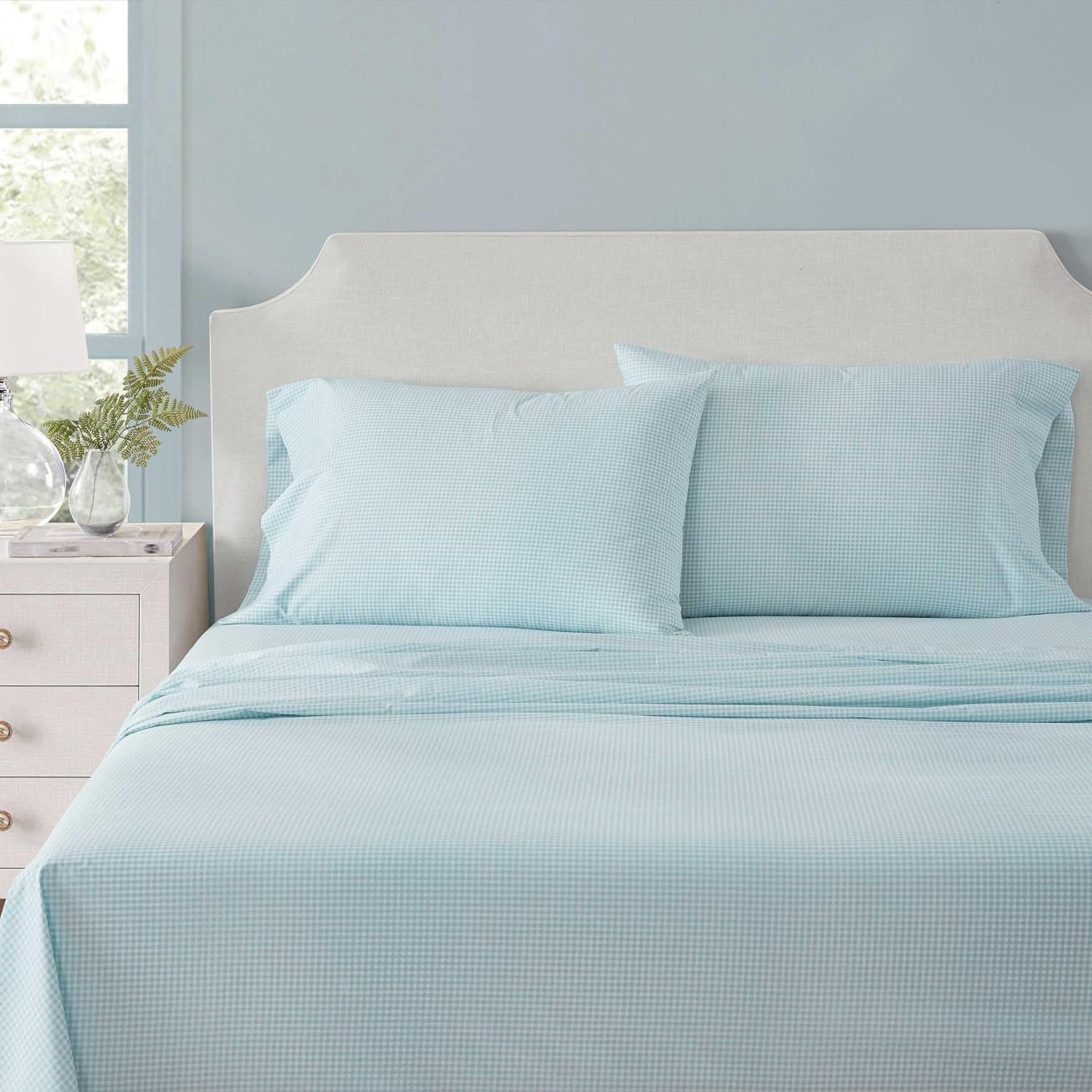 image:imageMartha Stewart Full Sheet Set with Fitted Sheet amp Pillowcases Cotton Percale Bedding with a Smooth Feel Deep Pocket Gingham BrownSmall Gingham Blue