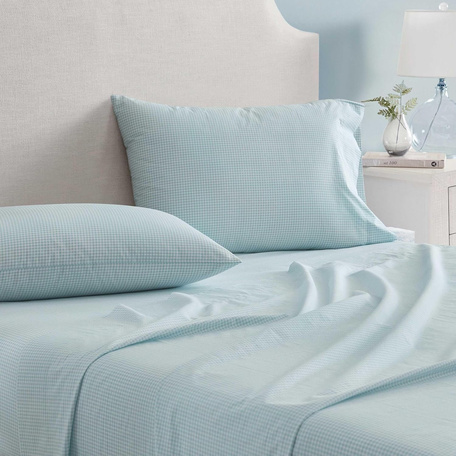 image:imageMartha Stewart Full Sheet Set with Fitted Sheet amp Pillowcases Cotton Percale Bedding with a Smooth Feel Deep Pocket Gingham BrownSmall Gingham Blue