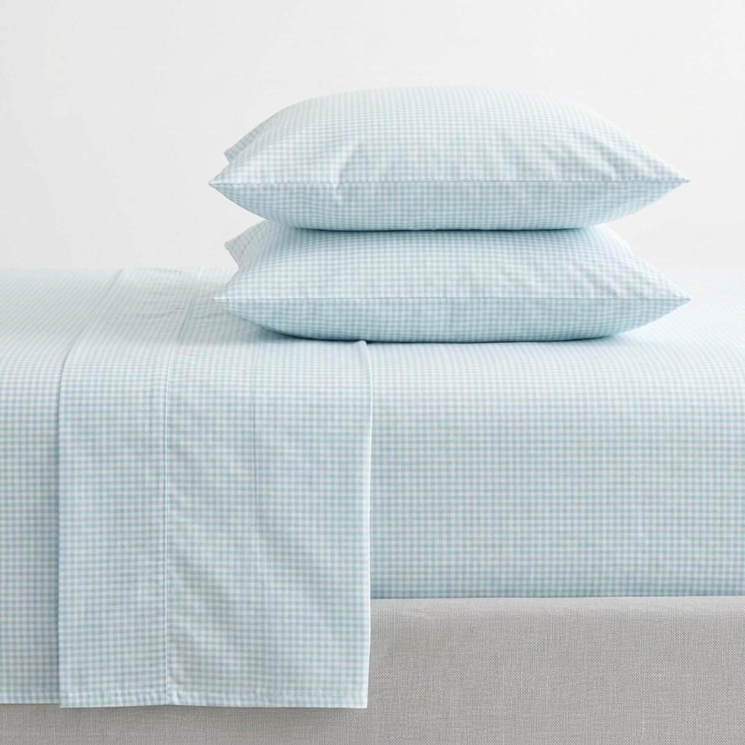 image:imageMartha Stewart Full Sheet Set with Fitted Sheet amp Pillowcases Cotton Percale Bedding with a Smooth Feel Deep Pocket Gingham BrownSmall Gingham Blue
