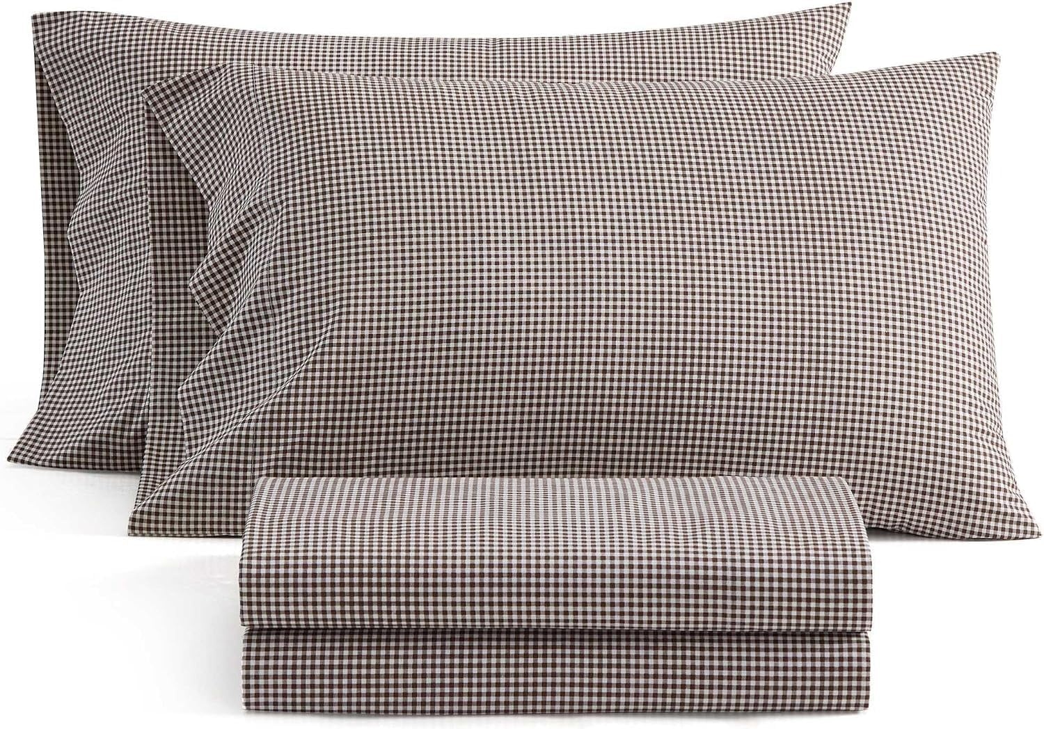 image:imageMartha Stewart Full Sheet Set with Fitted Sheet amp Pillowcases Cotton Percale Bedding with a Smooth Feel Deep Pocket Gingham BrownSmall Gingham Brown