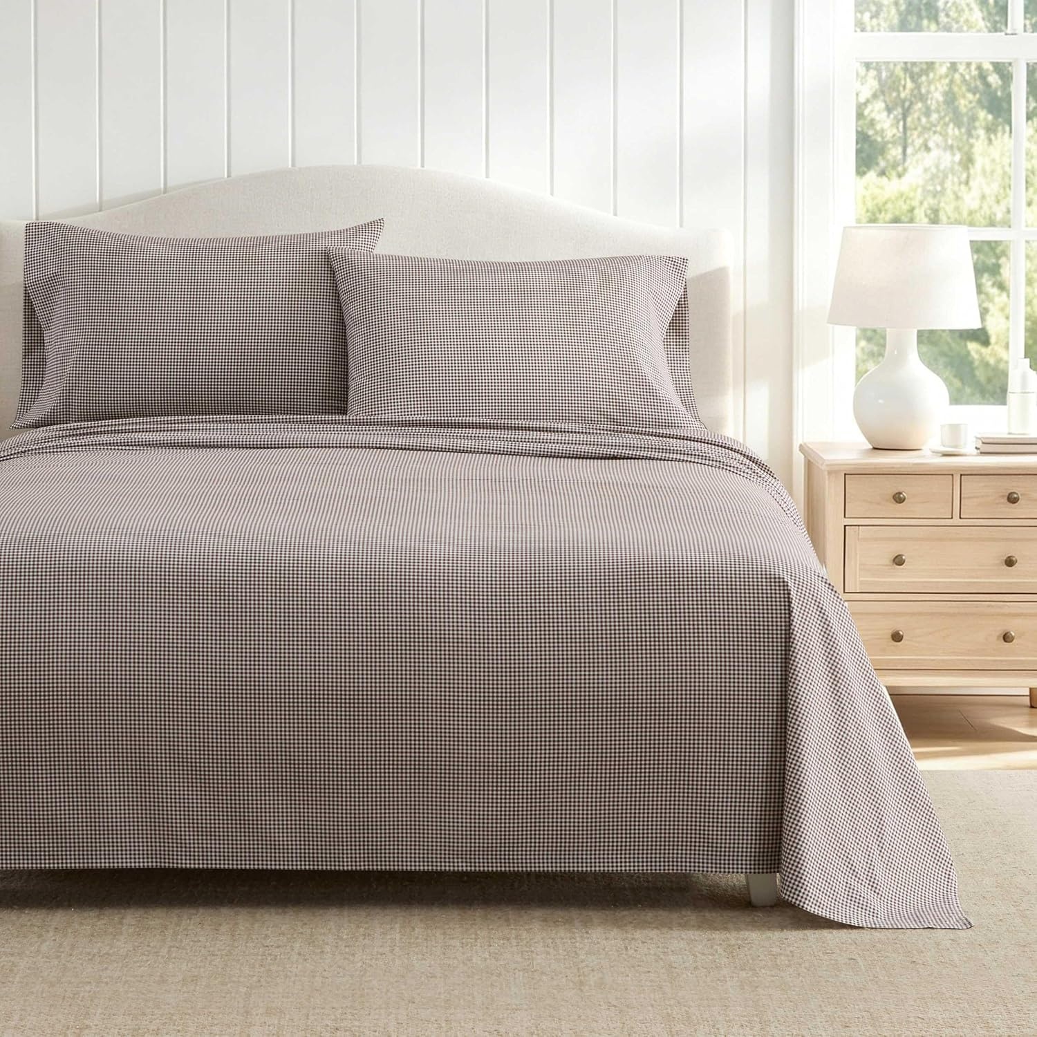 image:imageMartha Stewart Full Sheet Set with Fitted Sheet amp Pillowcases Cotton Percale Bedding with a Smooth Feel Deep Pocket Gingham BrownSmall Gingham Brown