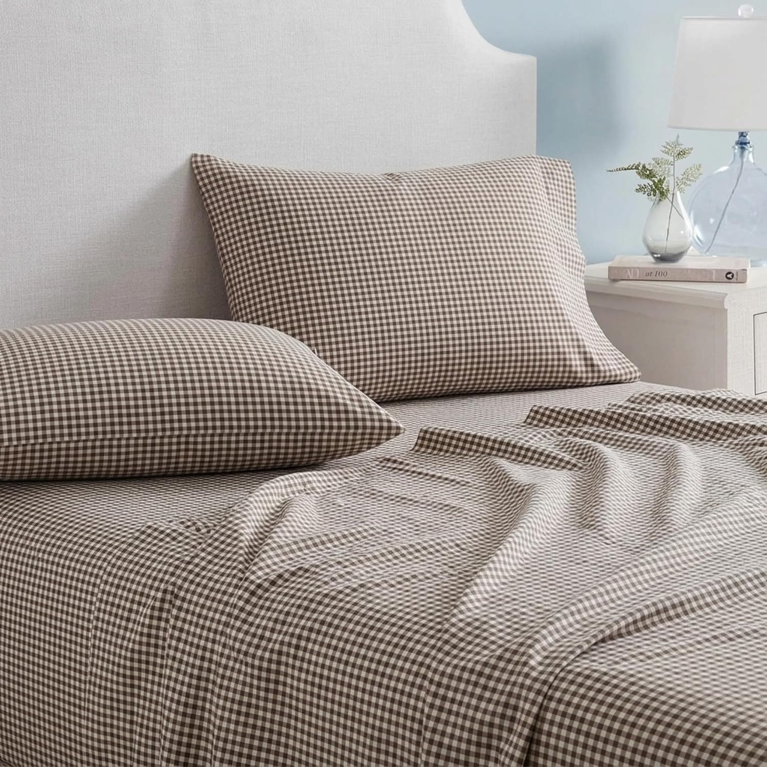 image:imageMartha Stewart Full Sheet Set with Fitted Sheet amp Pillowcases Cotton Percale Bedding with a Smooth Feel Deep Pocket Gingham BrownSmall Gingham Brown