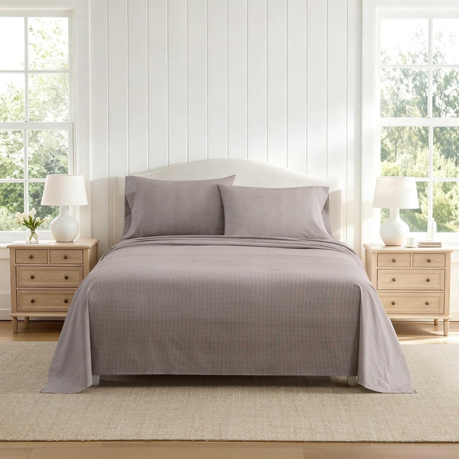 image:imageMartha Stewart Full Sheet Set with Fitted Sheet amp Pillowcases Cotton Percale Bedding with a Smooth Feel Deep Pocket Gingham BrownSmall Gingham Brown