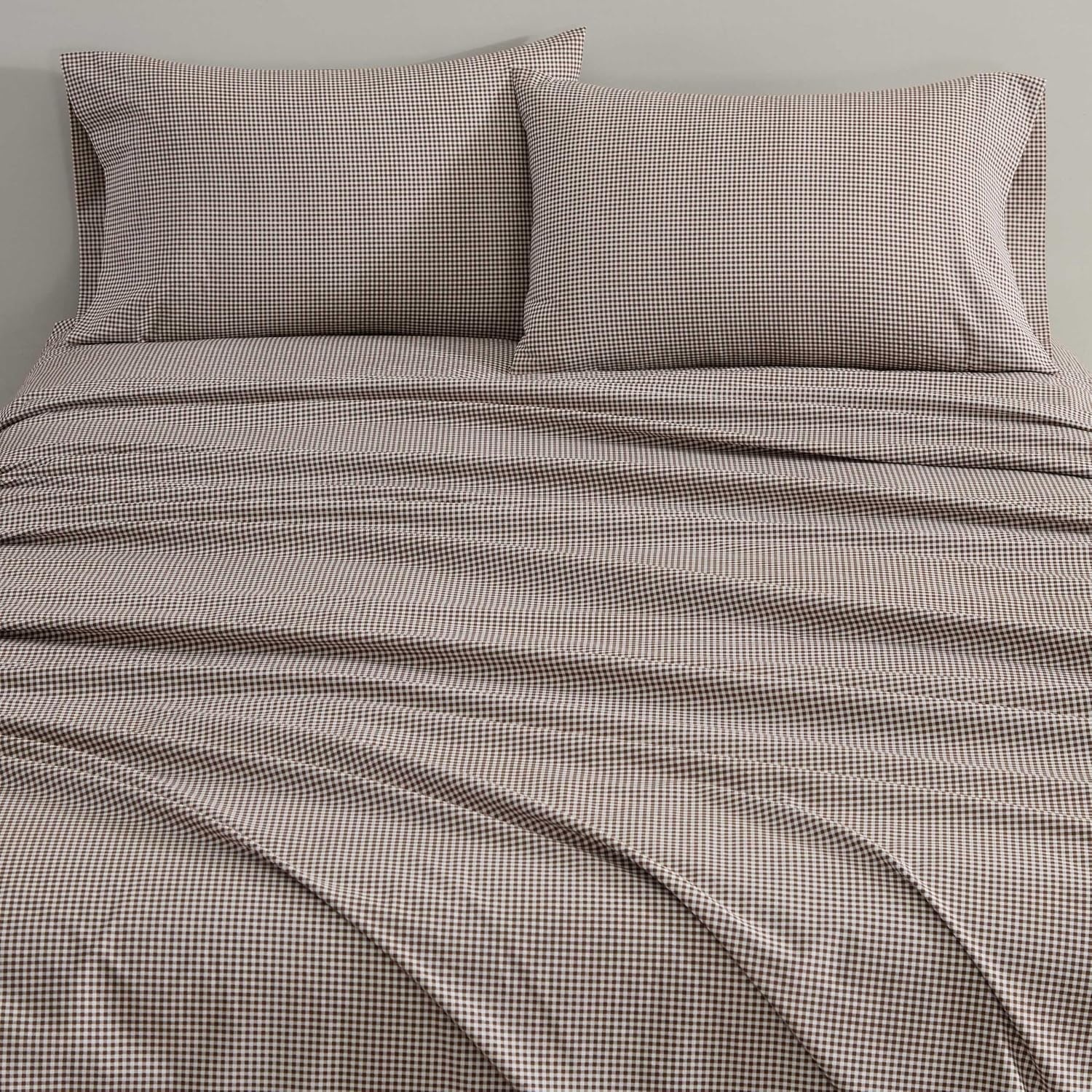 image:imageMartha Stewart Full Sheet Set with Fitted Sheet amp Pillowcases Cotton Percale Bedding with a Smooth Feel Deep Pocket Gingham BrownSmall Gingham Brown