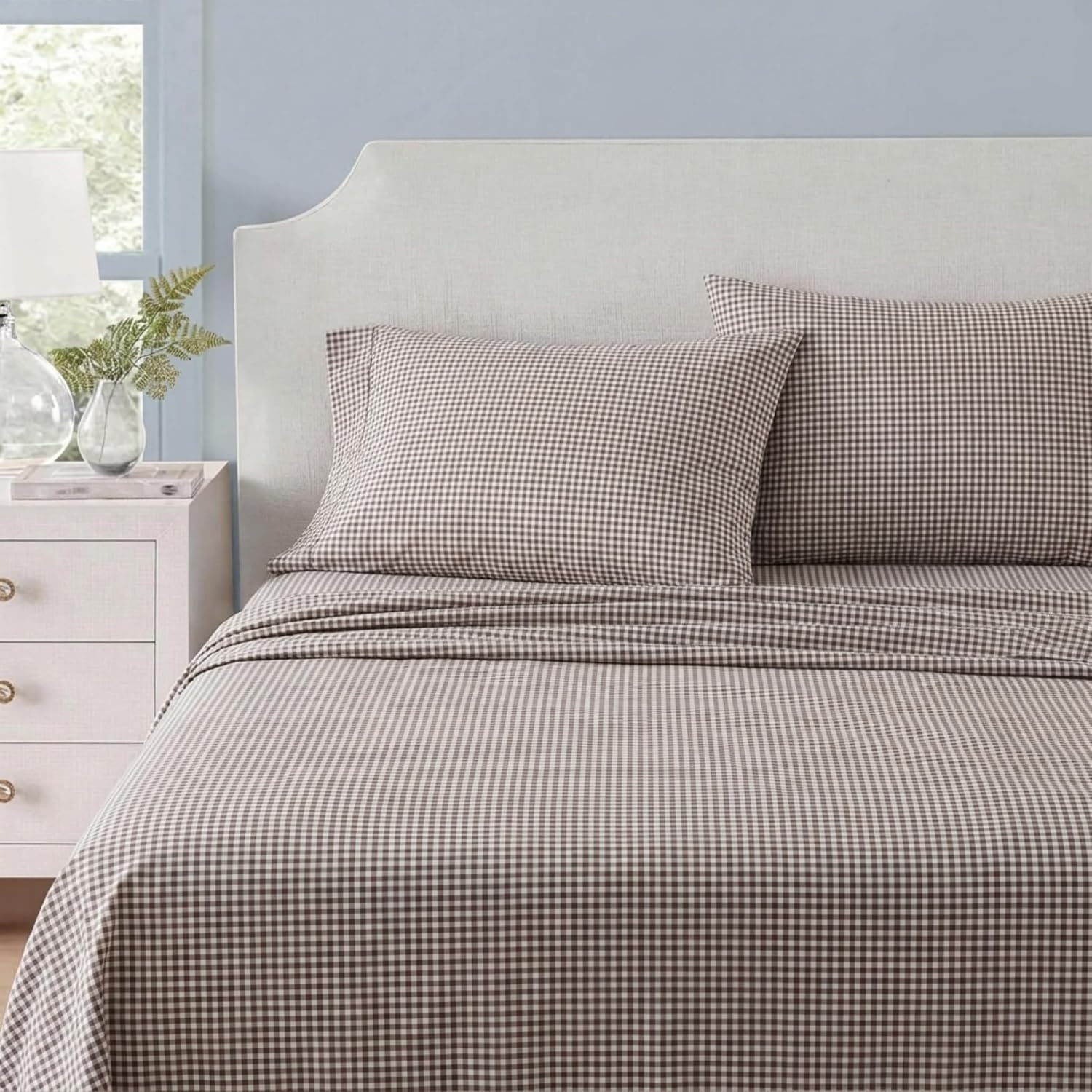 image:imageMartha Stewart Full Sheet Set with Fitted Sheet amp Pillowcases Cotton Percale Bedding with a Smooth Feel Deep Pocket Gingham BrownSmall Gingham Brown