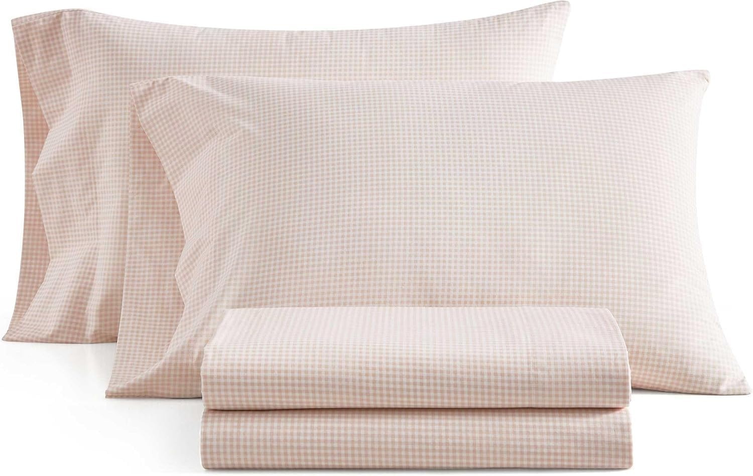 image:imageMartha Stewart Full Sheet Set with Fitted Sheet amp Pillowcases Cotton Percale Bedding with a Smooth Feel Deep Pocket Gingham BrownSmall Gingham Pink