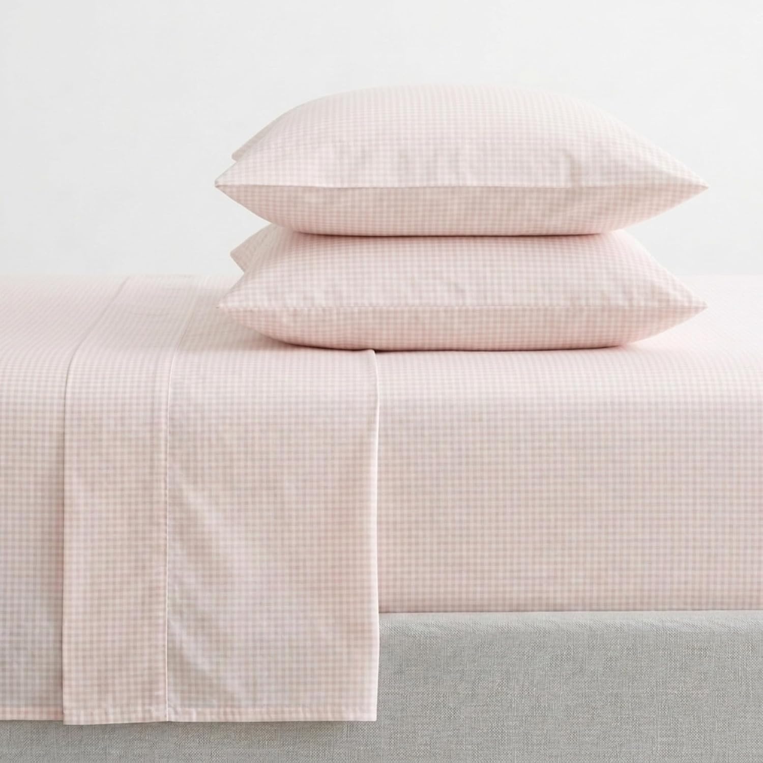 image:imageMartha Stewart Full Sheet Set with Fitted Sheet amp Pillowcases Cotton Percale Bedding with a Smooth Feel Deep Pocket Gingham BrownSmall Gingham Pink
