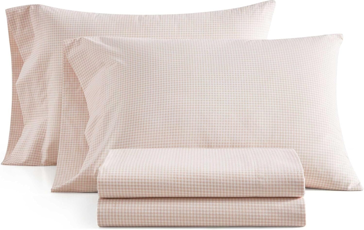 image:imageMartha Stewart Full Sheet Set with Fitted Sheet amp Pillowcases Cotton Percale Bedding with a Smooth Feel Deep Pocket Gingham BrownSmall Gingham Pink