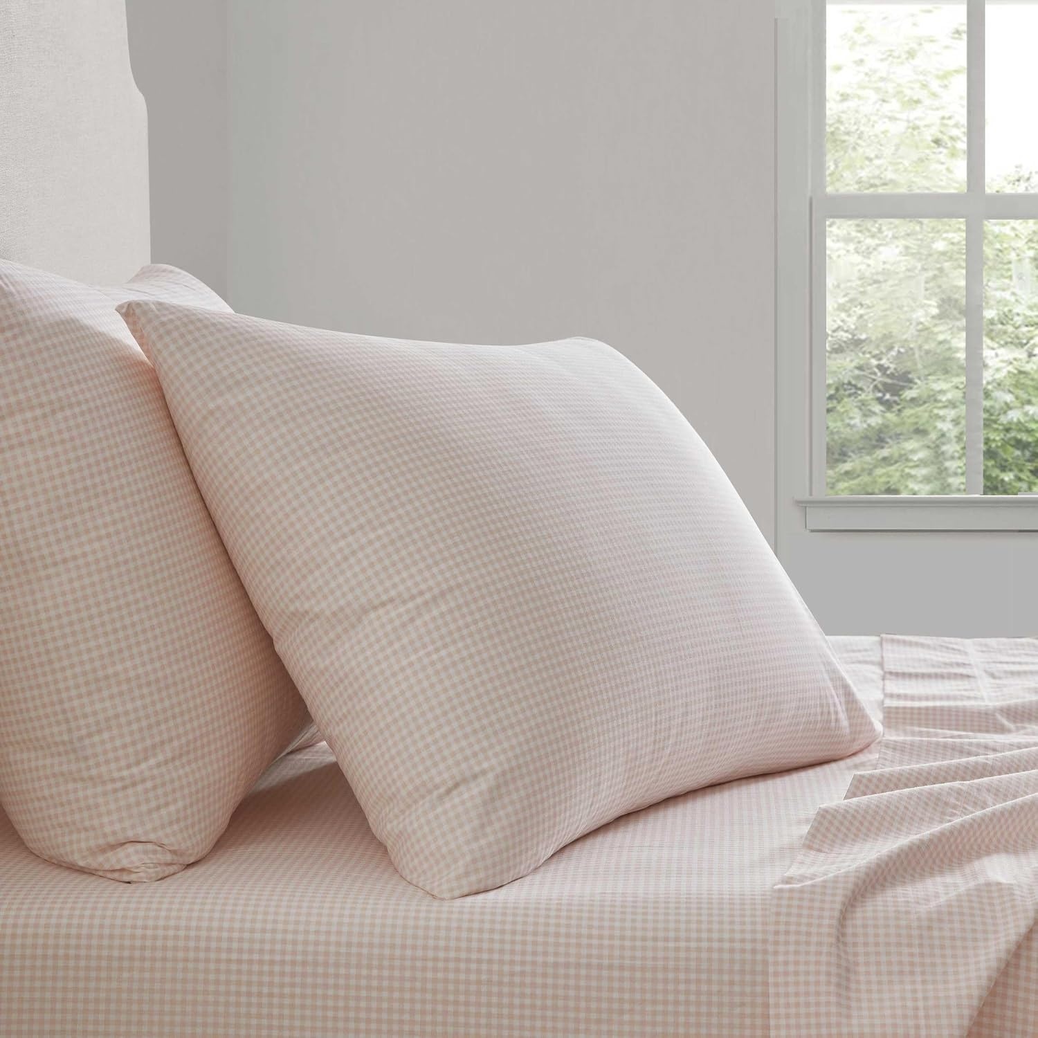 image:imageMartha Stewart Full Sheet Set with Fitted Sheet amp Pillowcases Cotton Percale Bedding with a Smooth Feel Deep Pocket Gingham BrownSmall Gingham Pink