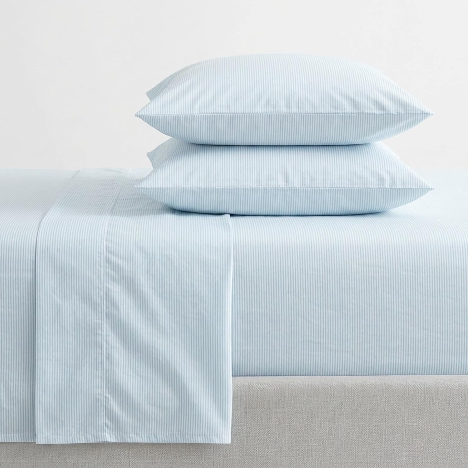 image:imageMartha Stewart Full Sheet Set with Fitted Sheet amp Pillowcases Cotton Percale Bedding with a Smooth Feel Deep Pocket Gingham BrownStripe Blue
