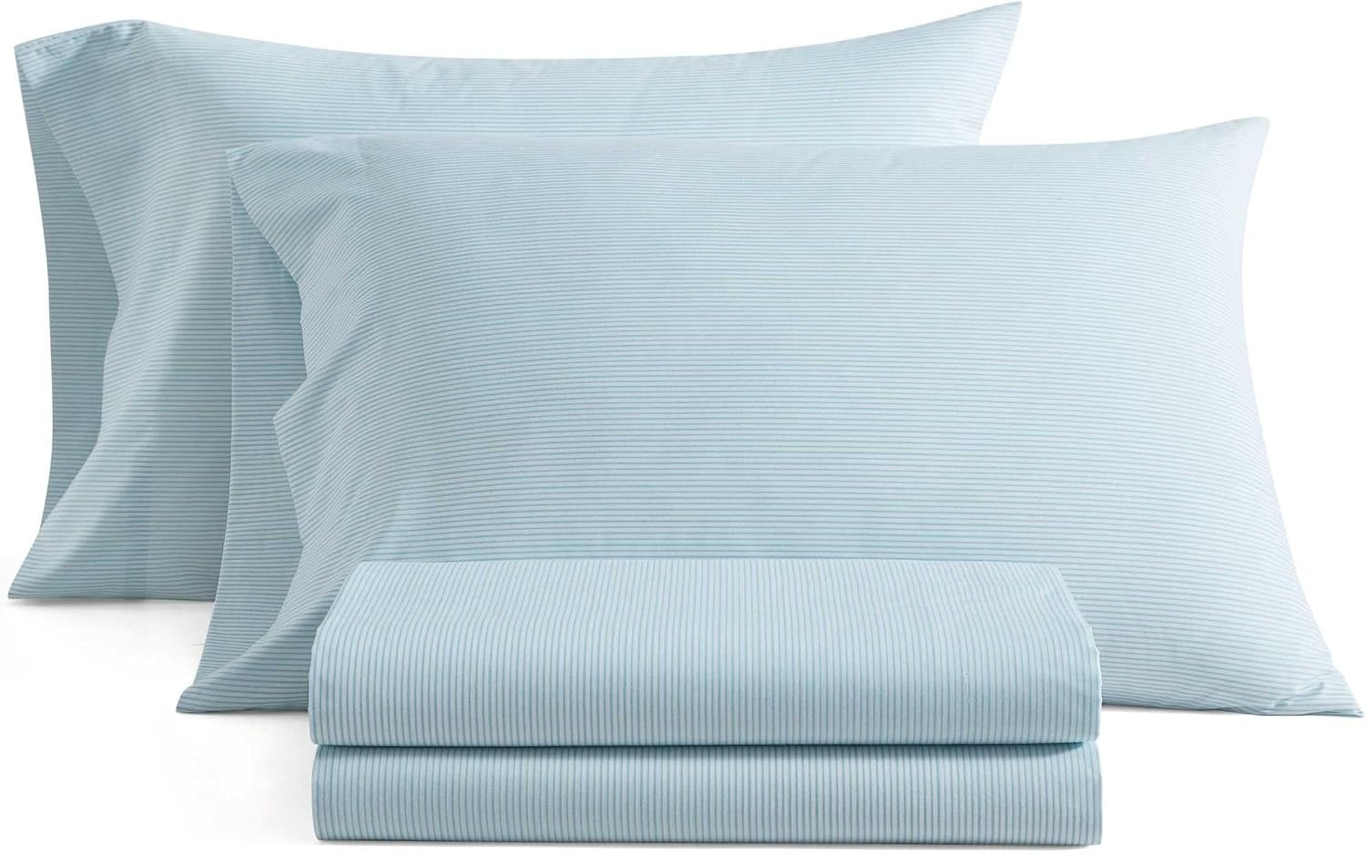 image:imageMartha Stewart Full Sheet Set with Fitted Sheet amp Pillowcases Cotton Percale Bedding with a Smooth Feel Deep Pocket Gingham BrownStripe Blue