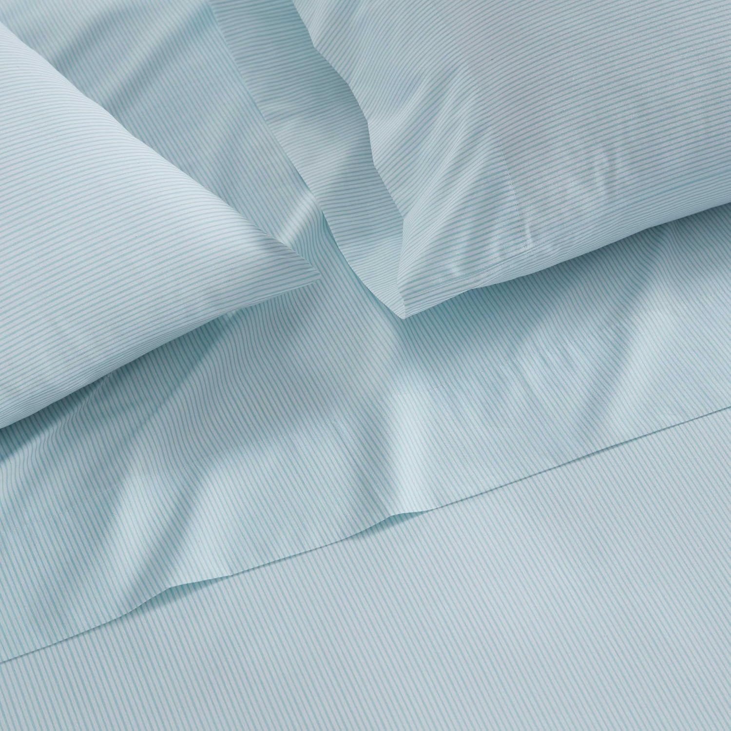 image:imageMartha Stewart Full Sheet Set with Fitted Sheet amp Pillowcases Cotton Percale Bedding with a Smooth Feel Deep Pocket Gingham BrownStripe Blue