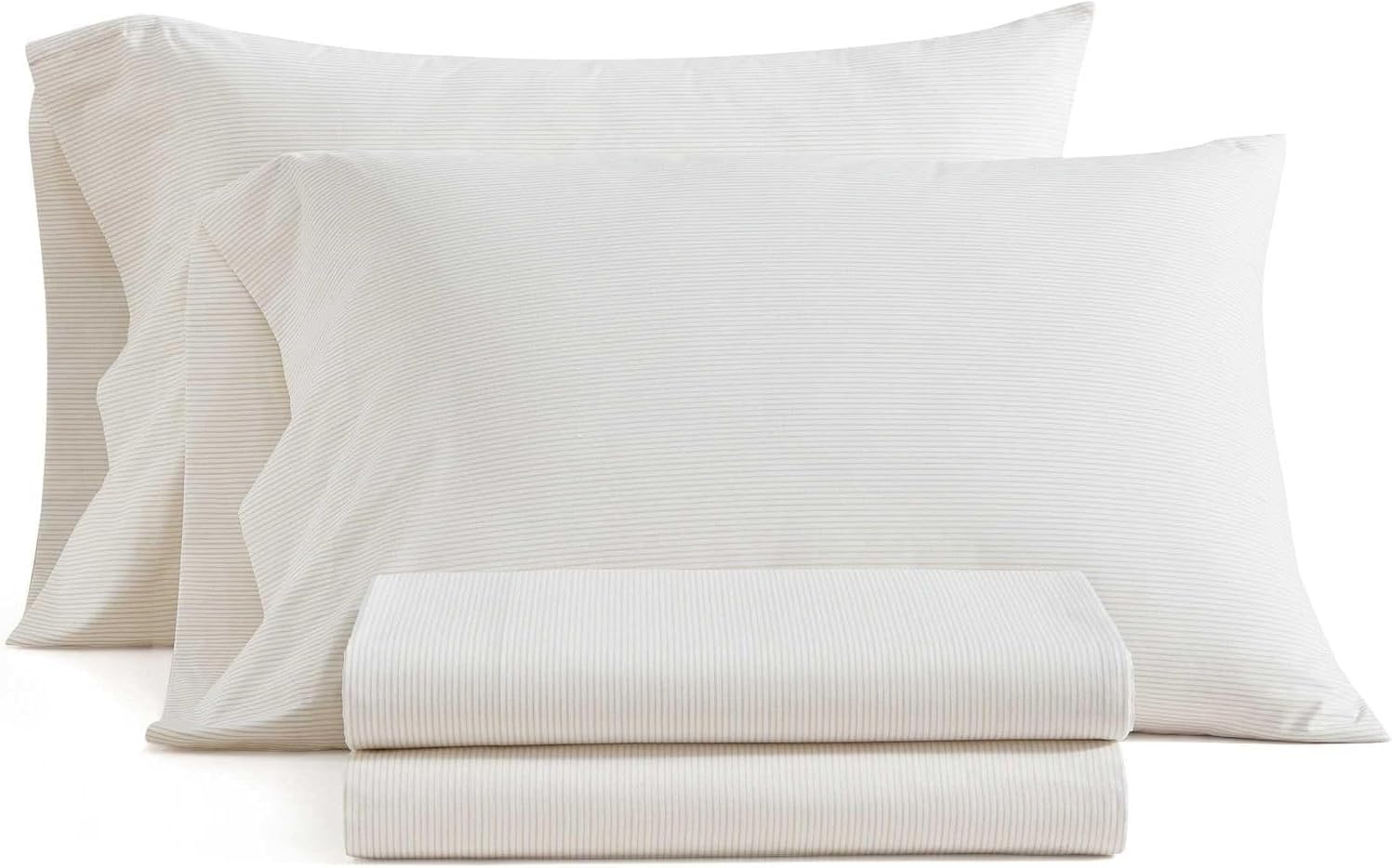 image:imageMartha Stewart Full Sheet Set with Fitted Sheet amp Pillowcases Cotton Percale Bedding with a Smooth Feel Deep Pocket Gingham BrownStripe White