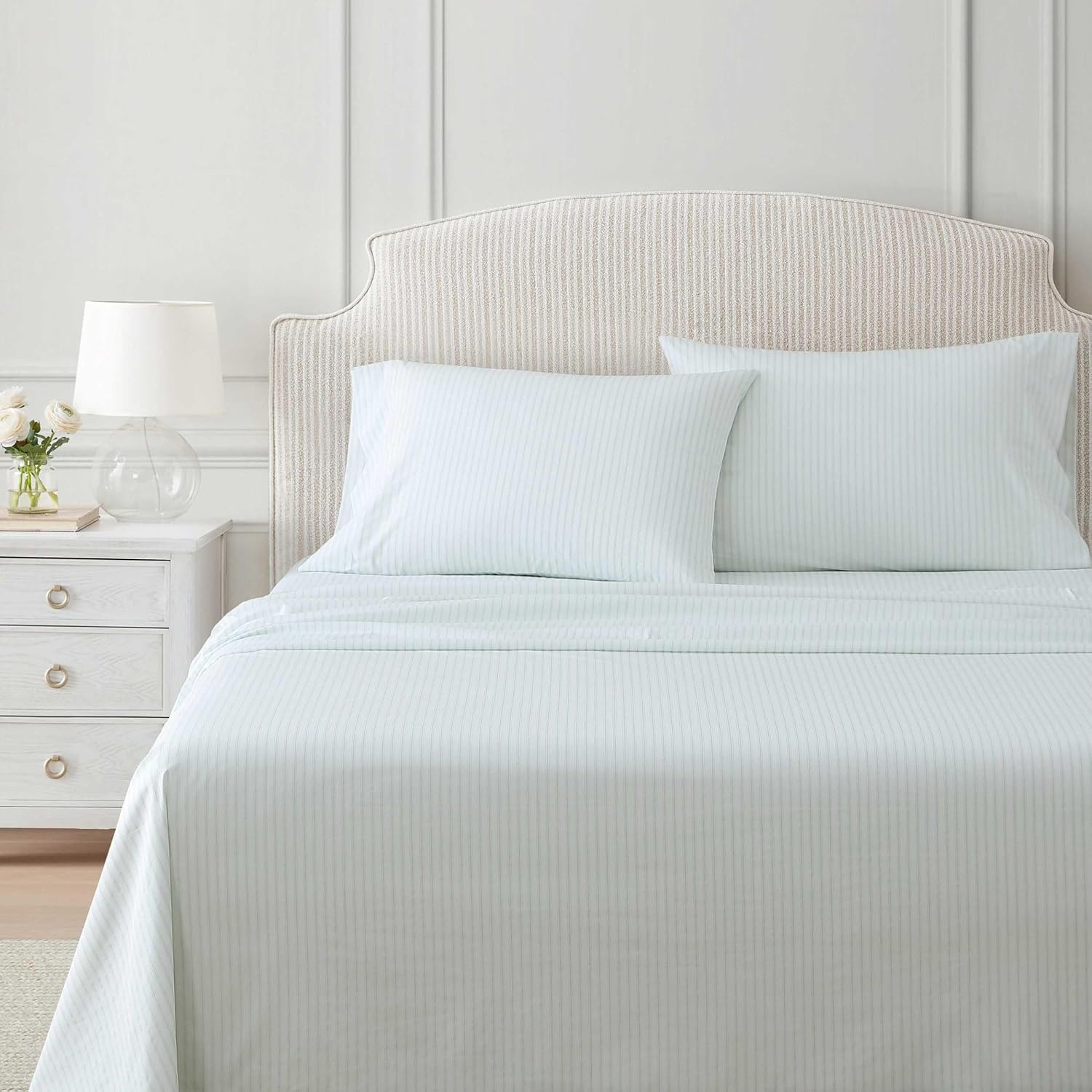 image:imageMartha Stewart Full Sheet Set with Fitted Sheet amp Pillowcases Cotton Percale Bedding with a Smooth Feel Deep Pocket Gingham BrownTicking Stripe Green