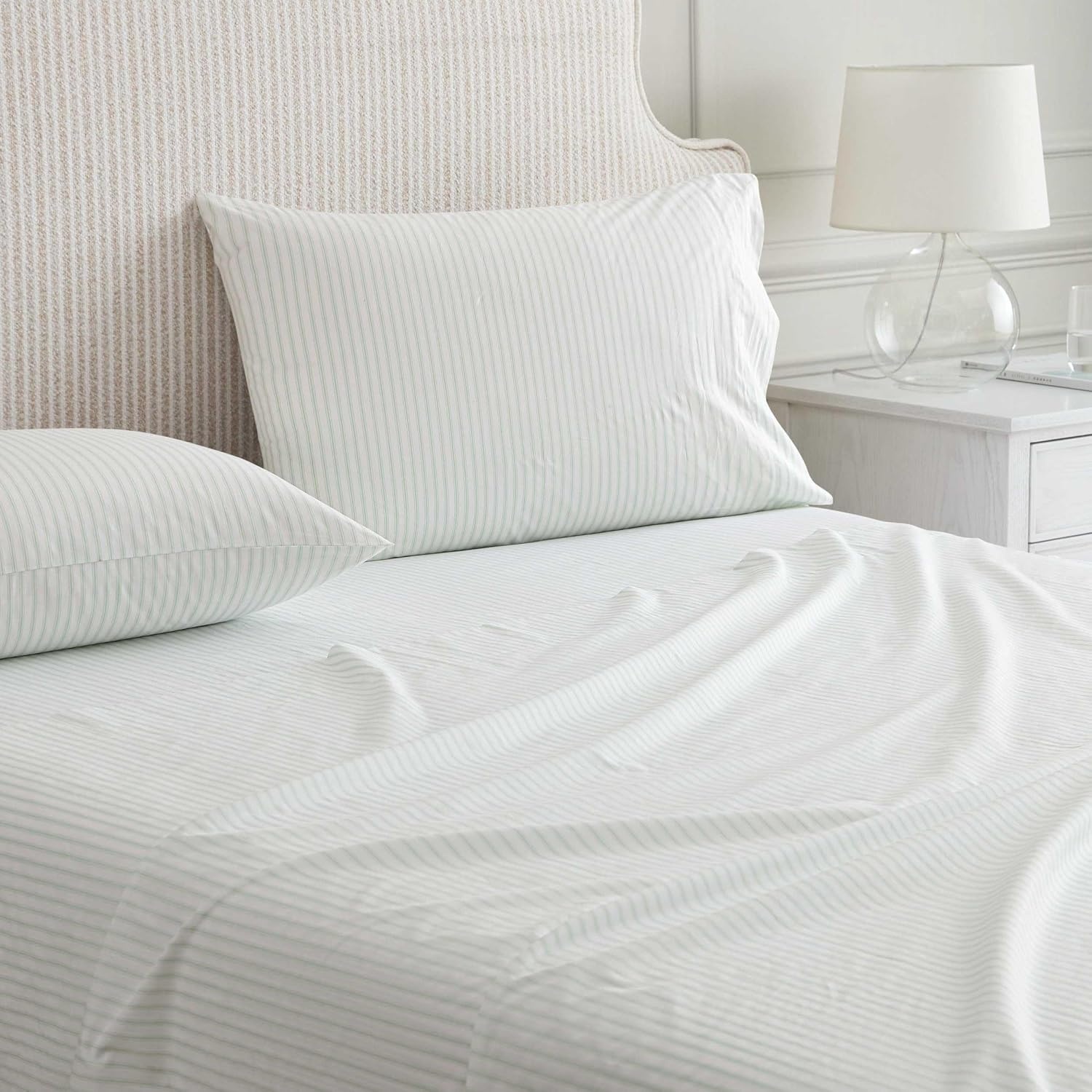 image:imageMartha Stewart Full Sheet Set with Fitted Sheet amp Pillowcases Cotton Percale Bedding with a Smooth Feel Deep Pocket Gingham BrownTicking Stripe Green
