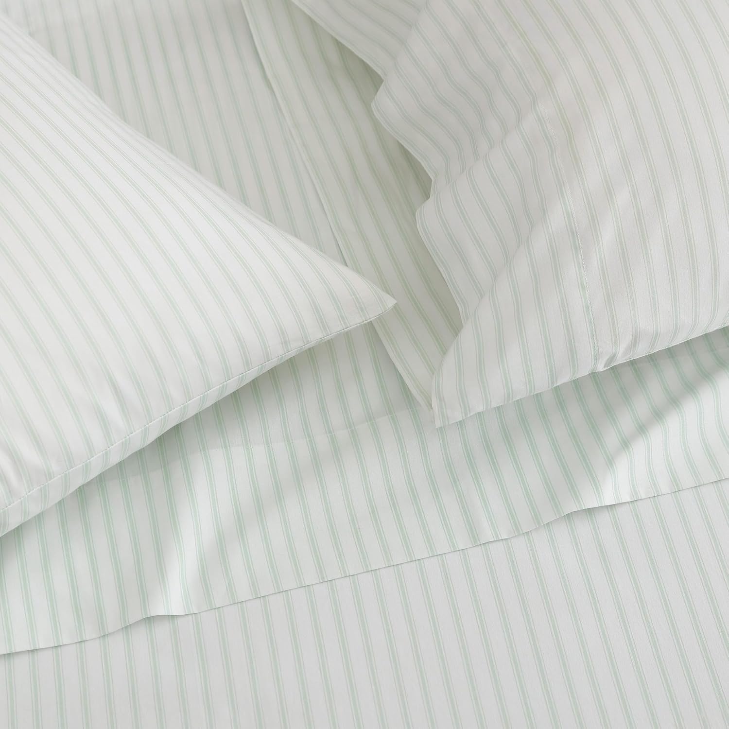 image:imageMartha Stewart Full Sheet Set with Fitted Sheet amp Pillowcases Cotton Percale Bedding with a Smooth Feel Deep Pocket Gingham BrownTicking Stripe Green