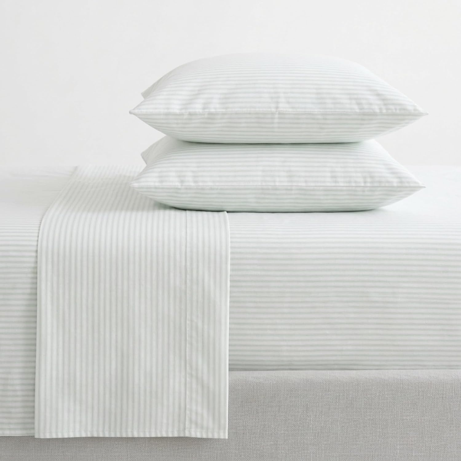 image:imageMartha Stewart Full Sheet Set with Fitted Sheet amp Pillowcases Cotton Percale Bedding with a Smooth Feel Deep Pocket Gingham BrownTicking Stripe Green